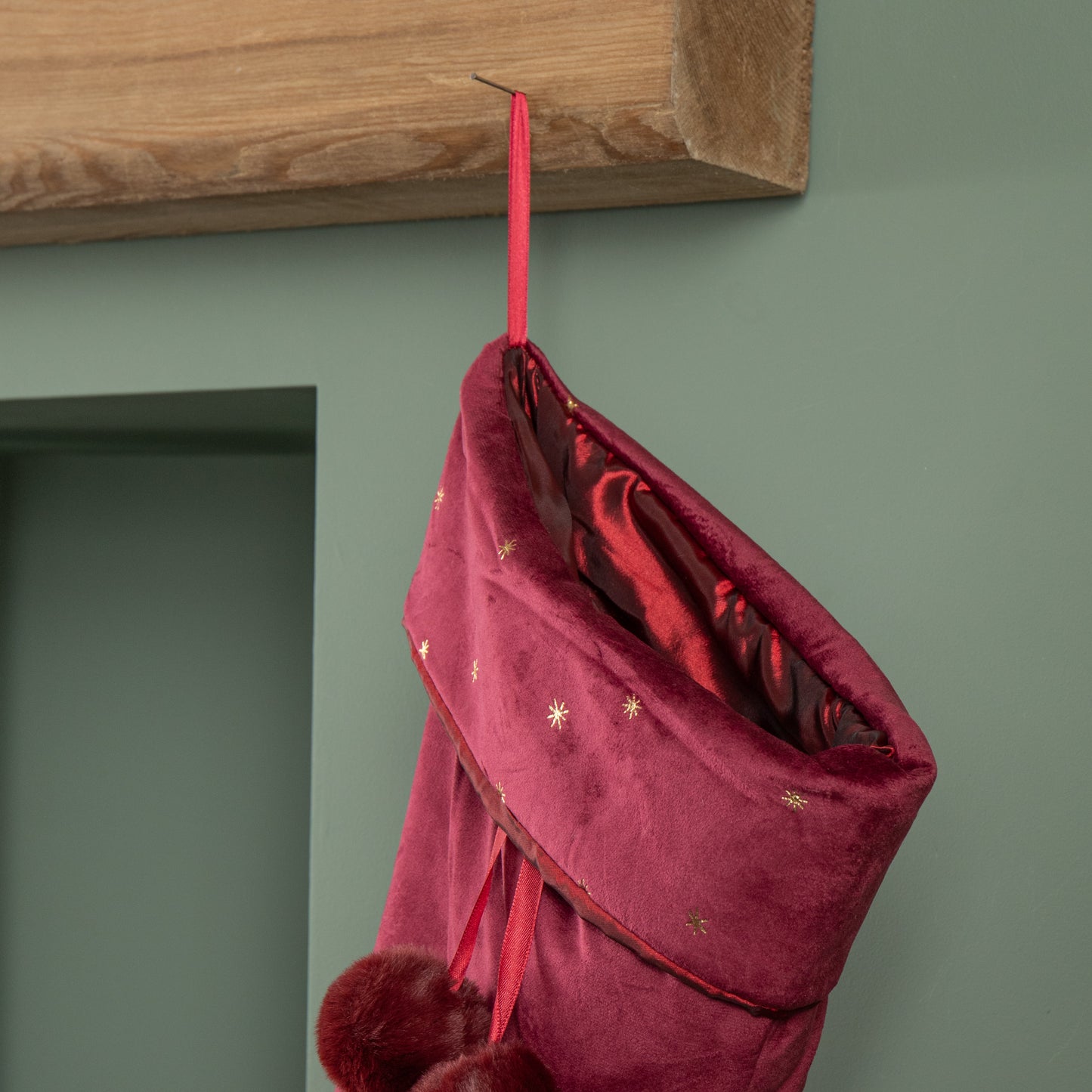 70cm Hanging Burgundy Velour Star Print Christmas Stocking with Pom Poms