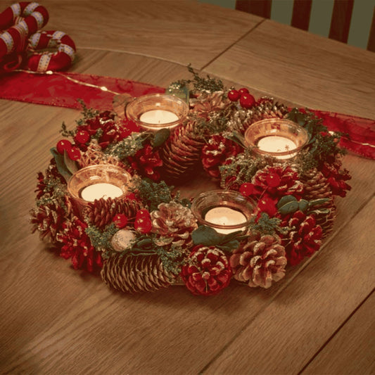 33cm Red Christmas Bauble Quartet Candle Holder with Pinecones and Berries