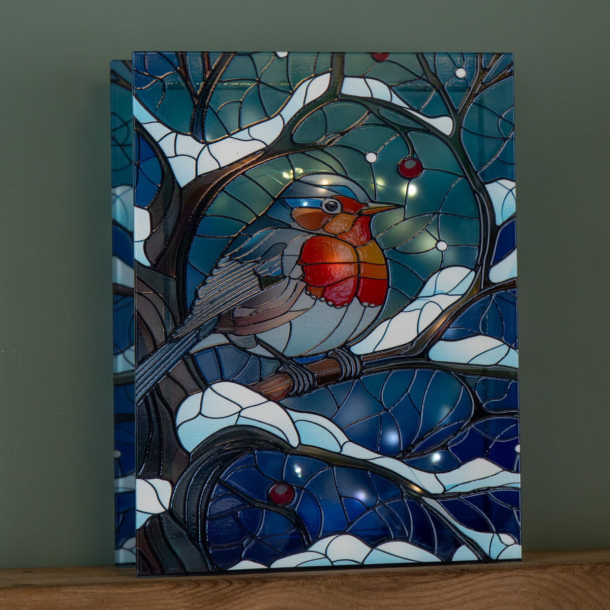 28cm Battery Powered Light up Stained Glass Christmas Decoration with Robin & Warm White LEDs