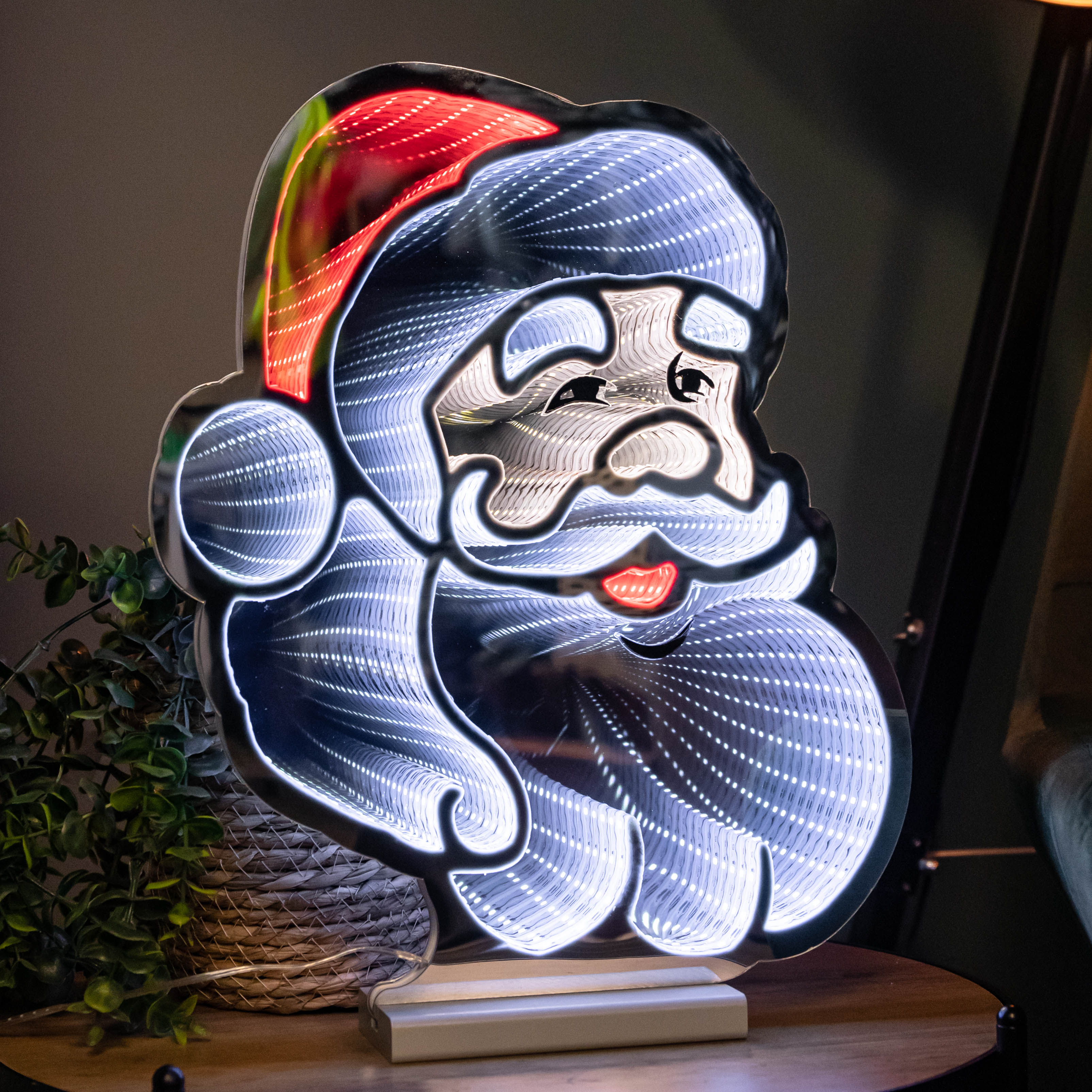 40cm Infinity Santa's Head Christmas Decoration on Wooden Base with Red & White LEDs 