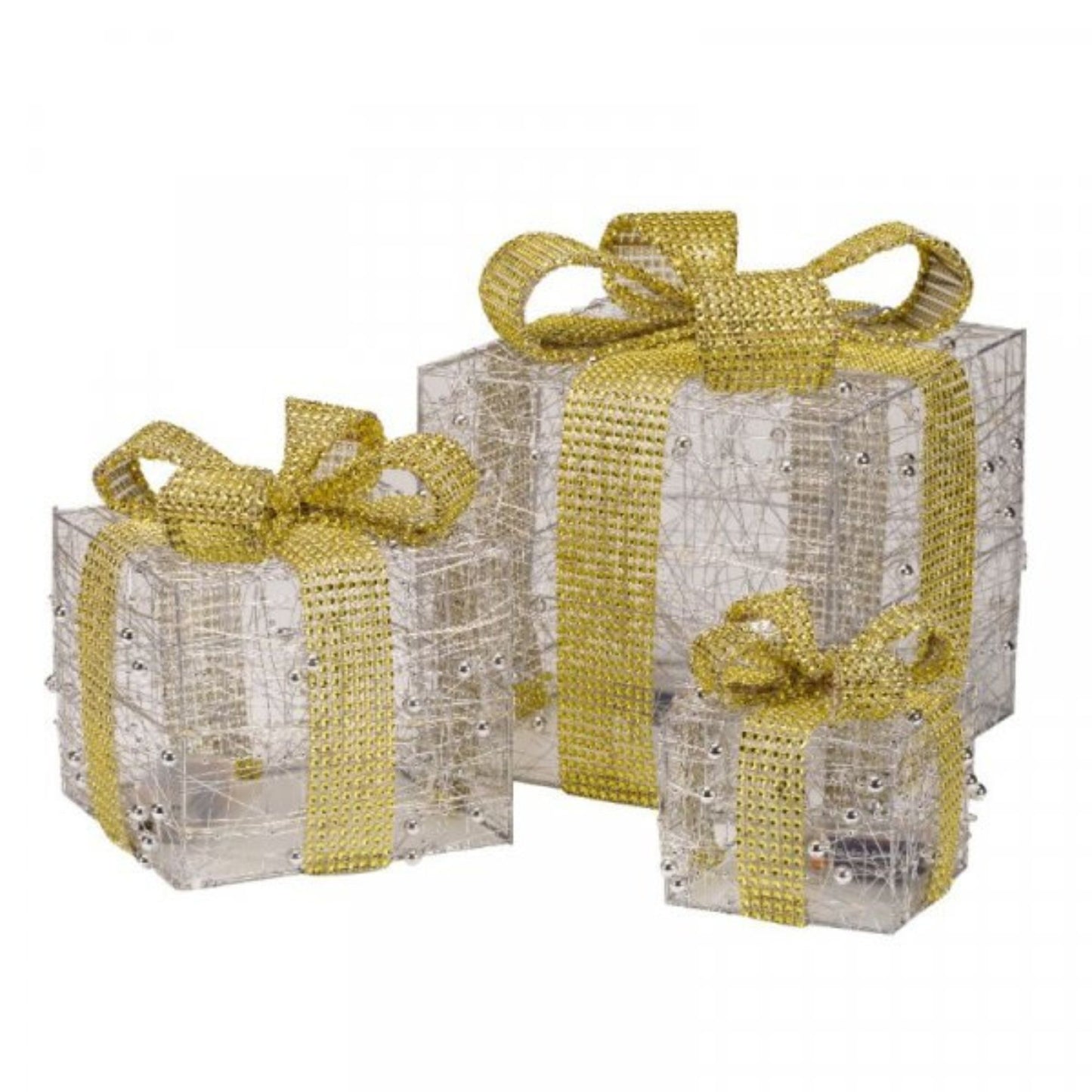 Set of 3 Battery Operated Gold Sparkly Christmas Gift Boxes with LEDs