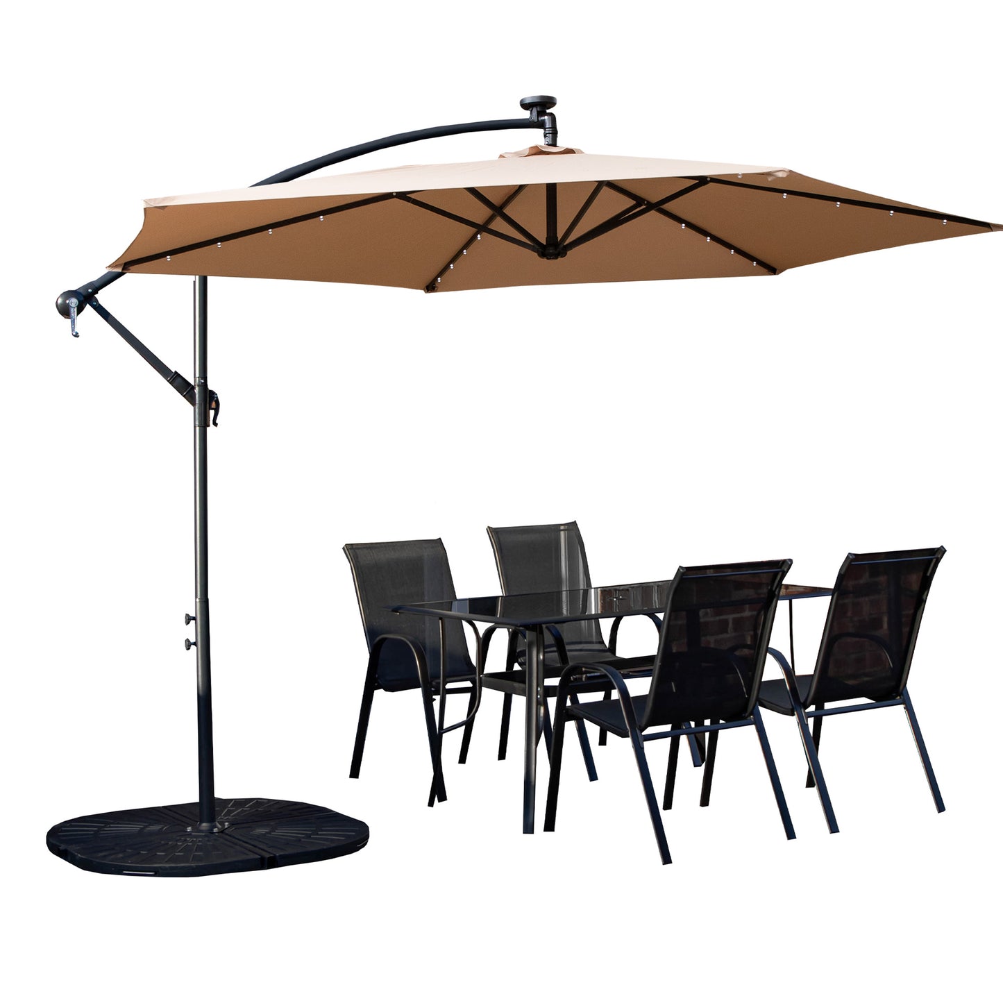 Outdoor 4 Person Rectangular Glass Top Garden Dining Table Chairs With Beige Banana Lit Parasol and Base