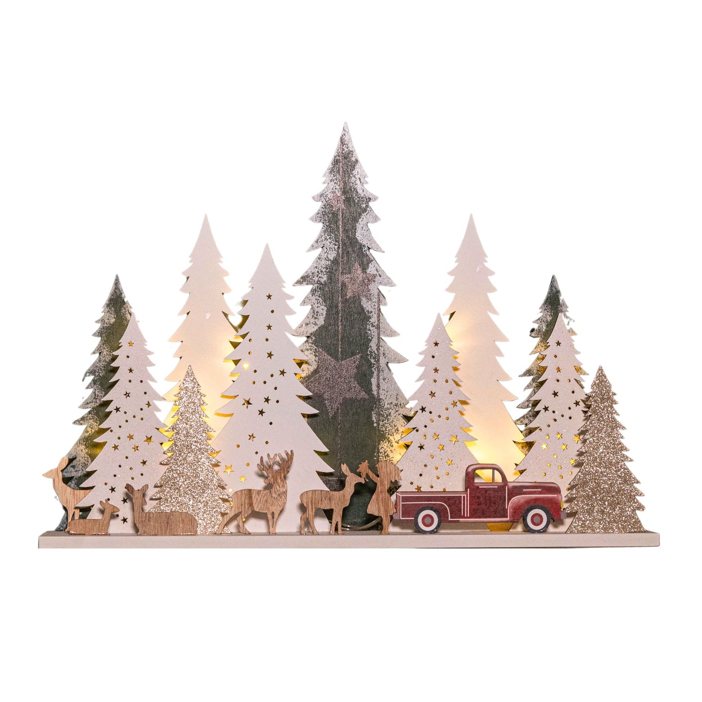 31cm Battery Operated Light up Wooden Christmas Tree with Deer and 15 Warm White LEDs