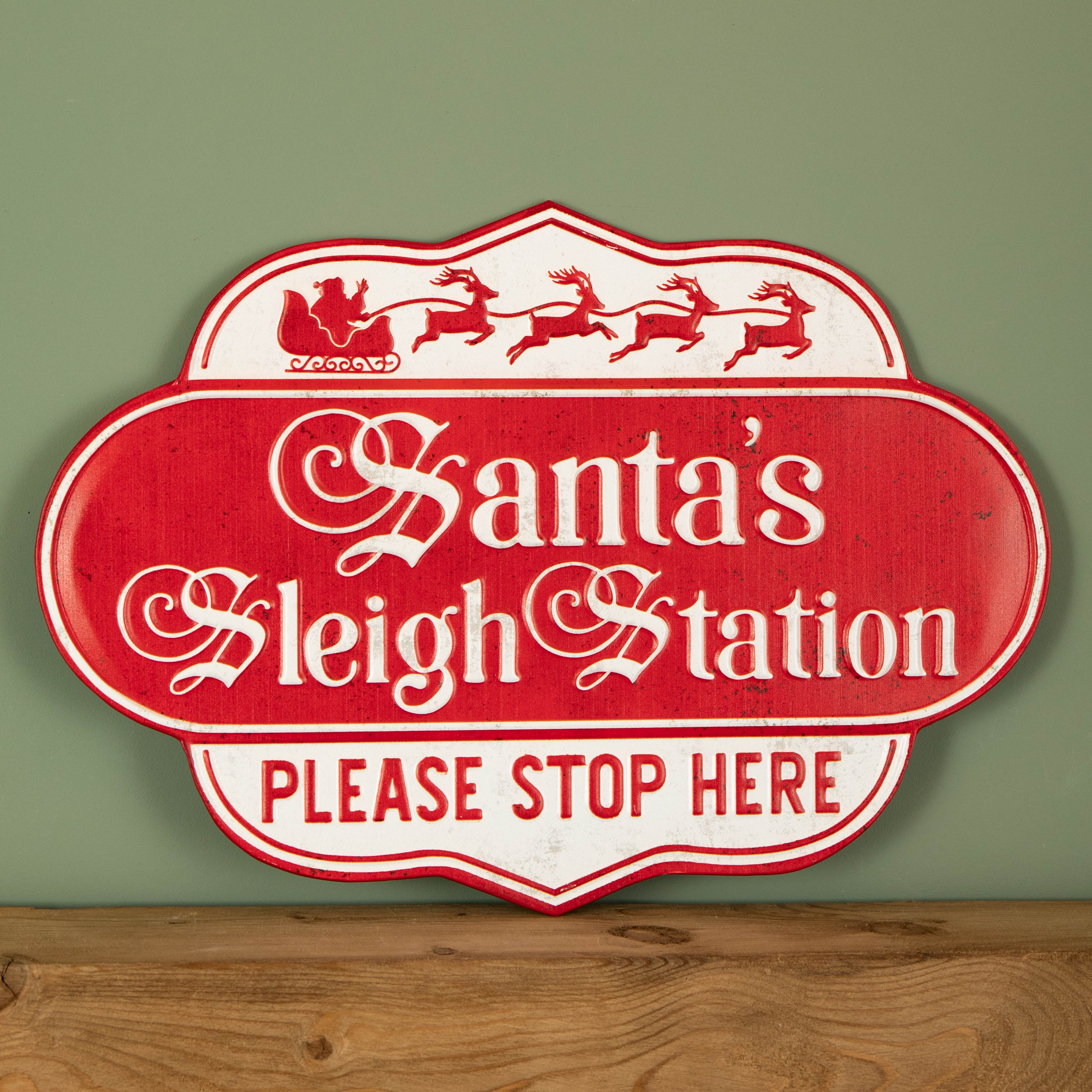 51cm Red and White Metal Christmas Santa Sleigh Station Sign