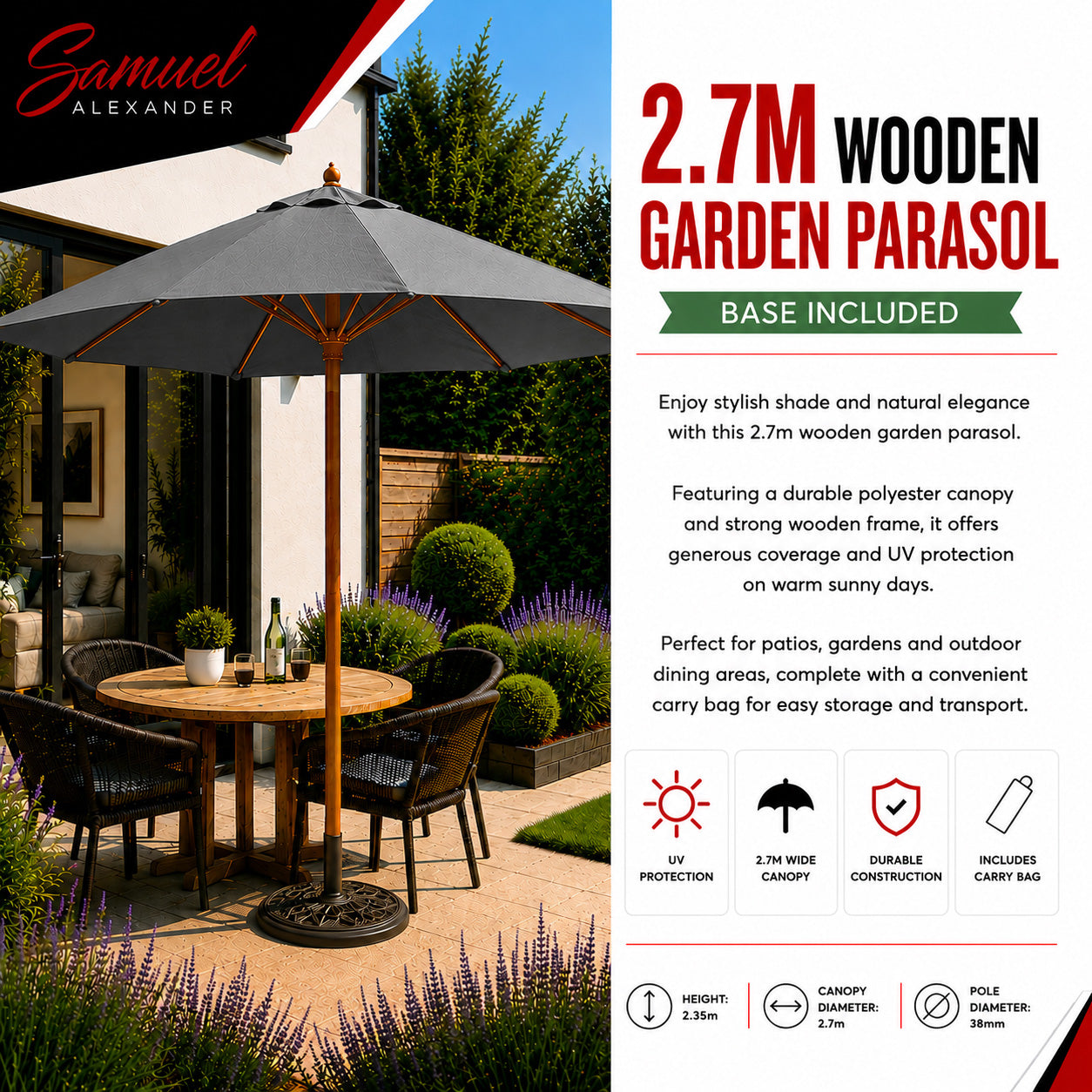 2.7m Outdoor Wooden Garden Parasol Sun Shade with Carry Bag in Grey with 9kg Base Included