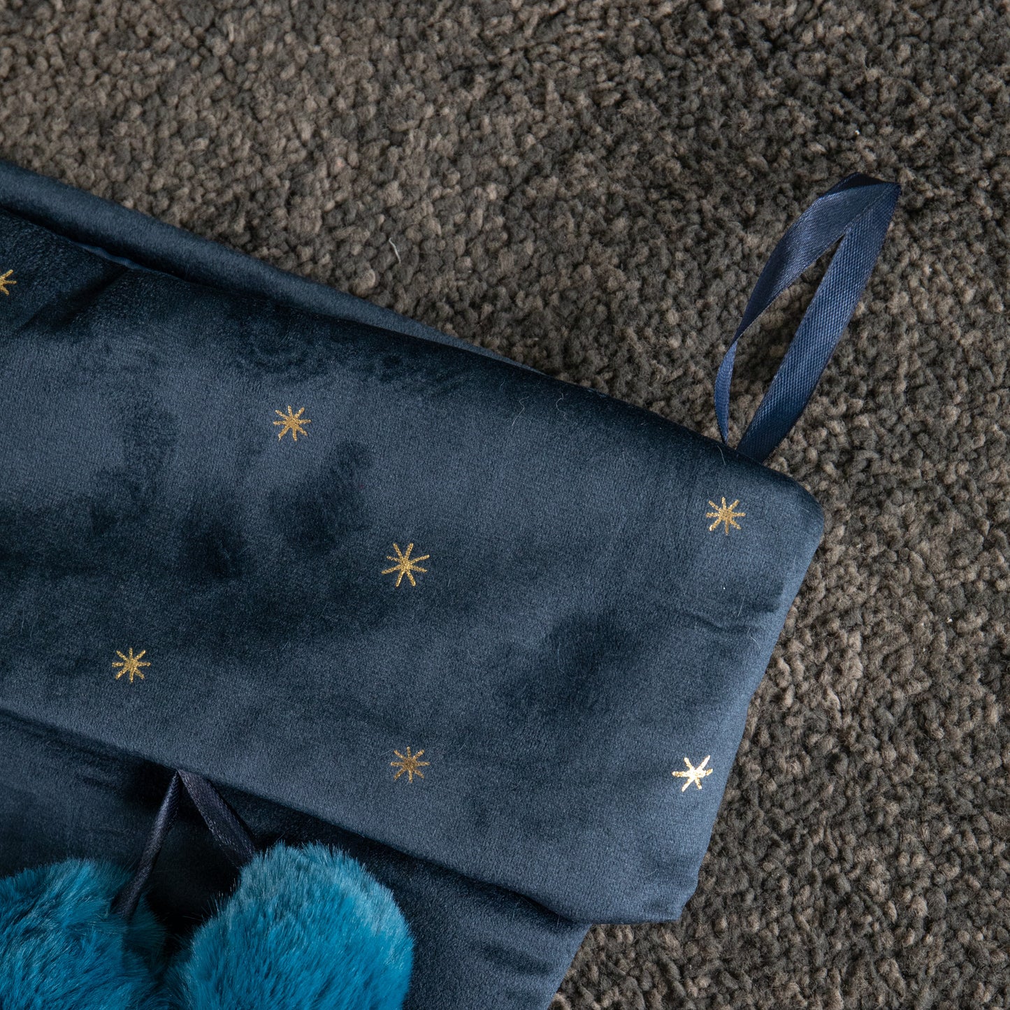 70cm Hanging Dark Blue Velour Star Print Christmas Stocking with Pom Poms