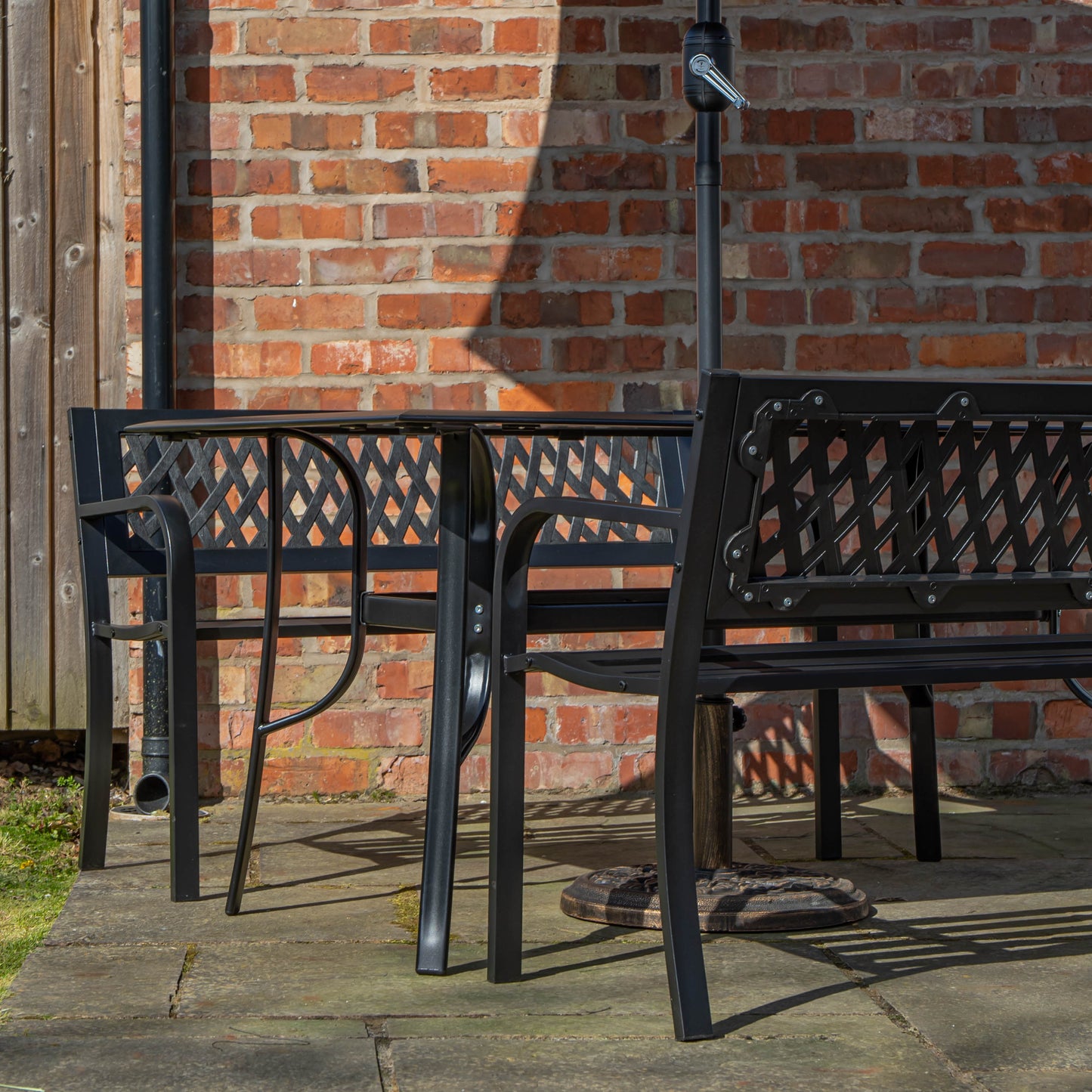 Outdoor 4 Person Rectangular Glass Top Garden Dining Table Benches With Grey Havana Parasol and Base Set