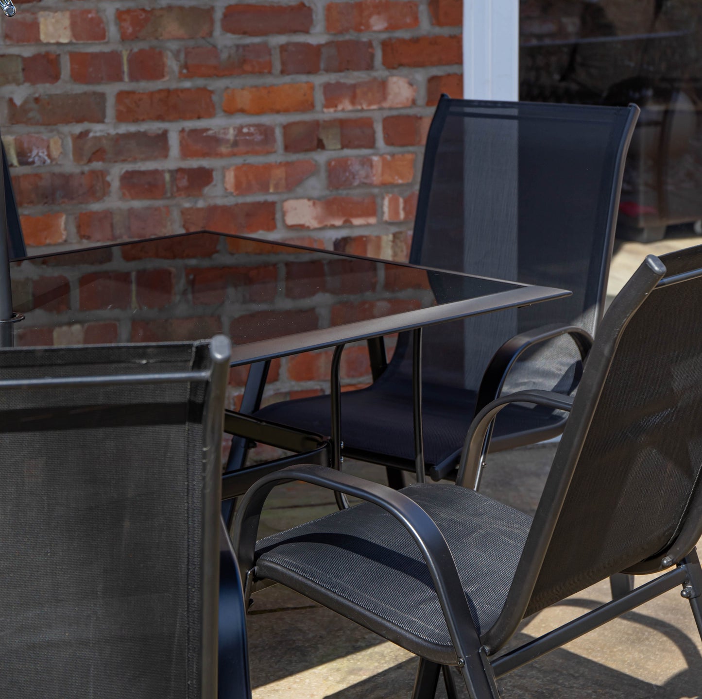 Outdoor 6 Person Rectangular Glass Top Garden Dining Table Chairs With Black Parasol and Base Set
