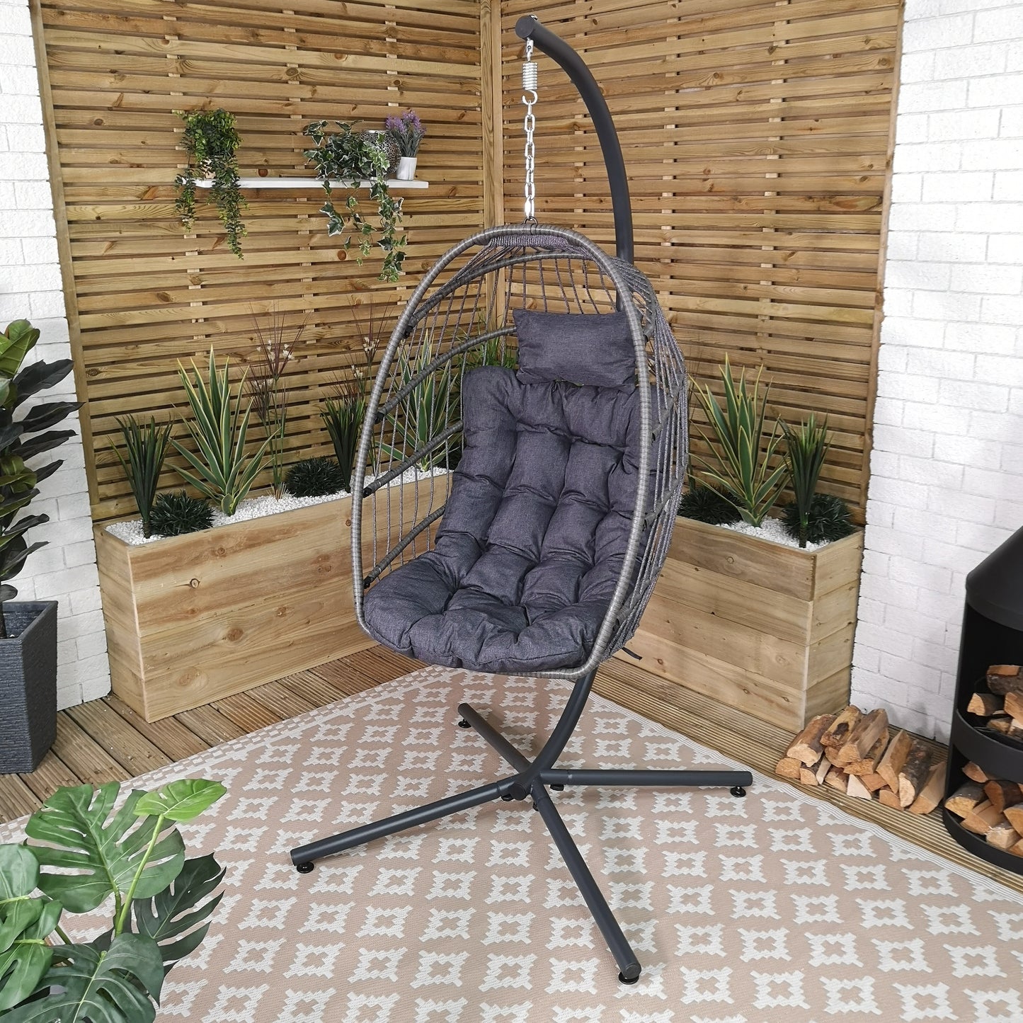 Factory Seconds: Samuel Alexander Grey Hanging Egg Chair With Stand Waterproof Cover And Cushions Steel Frame Rattan Outdoor Swing Chair Garden Seat Hammock Balcony Conservatory Furniture 