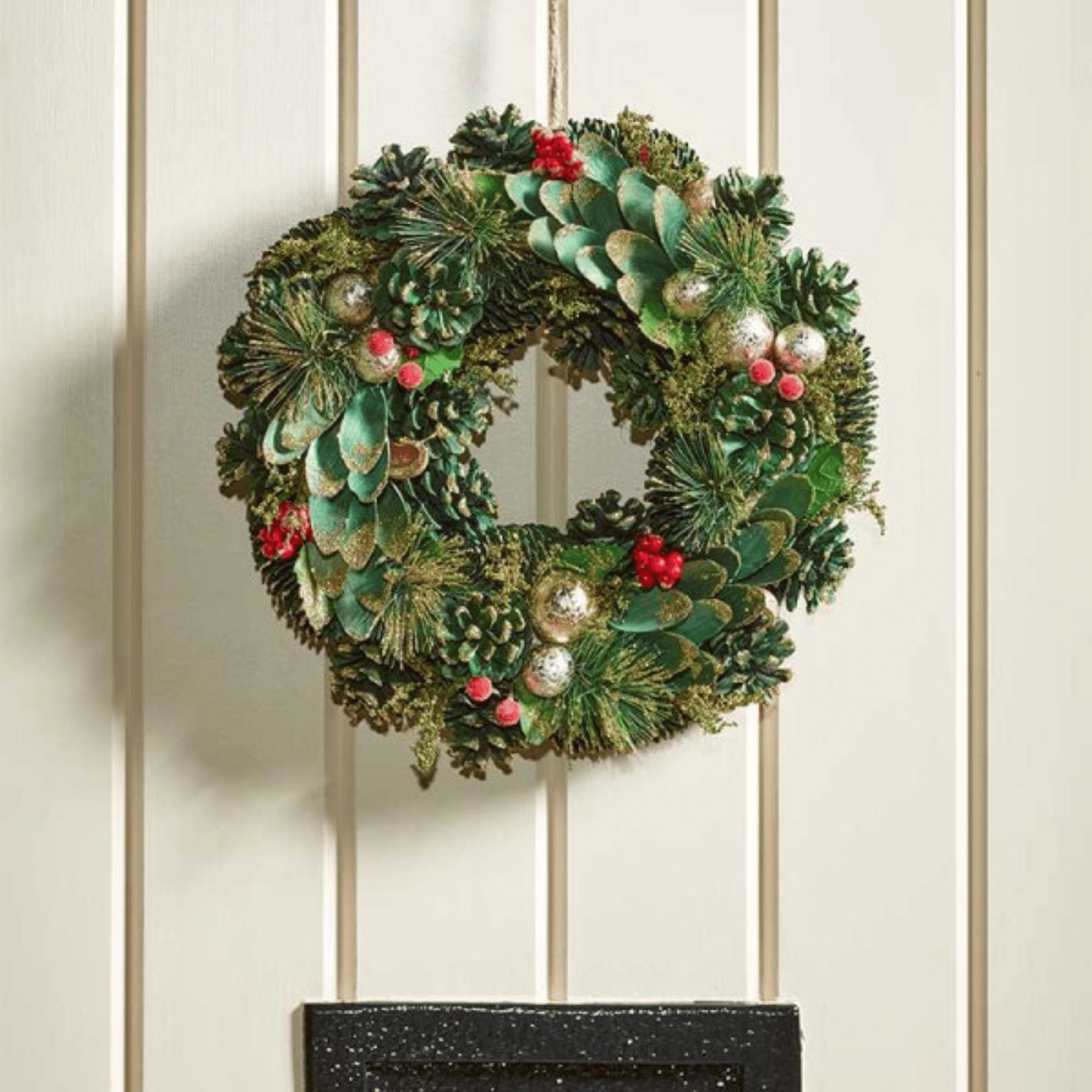 50cm Bauble and Pinecone Hanging Christmas Wreath with Red Berries
