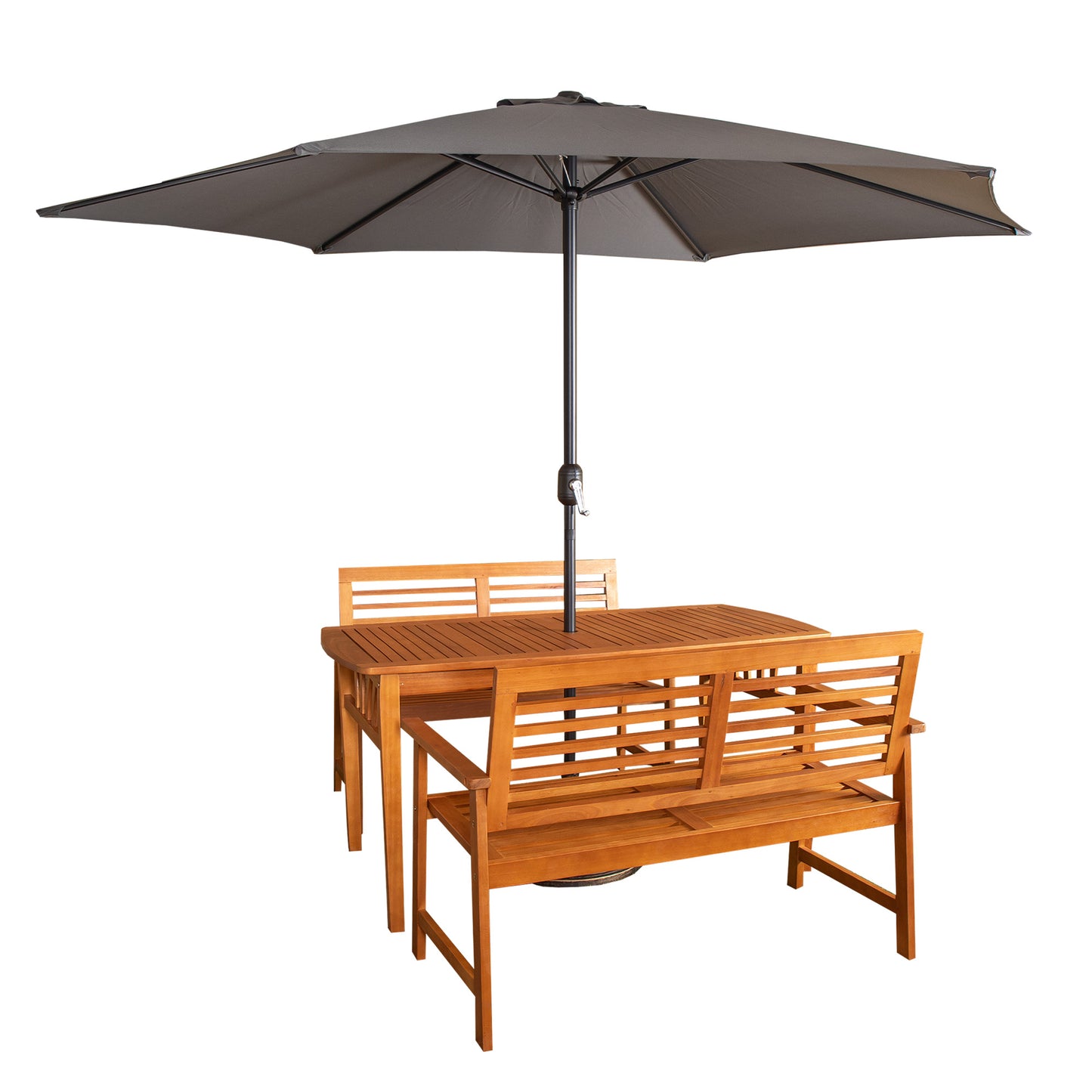 Outdoor 4 Person Rectangular Wooden Garden Table, 2 Benches with Grey Havana Parasol & Base