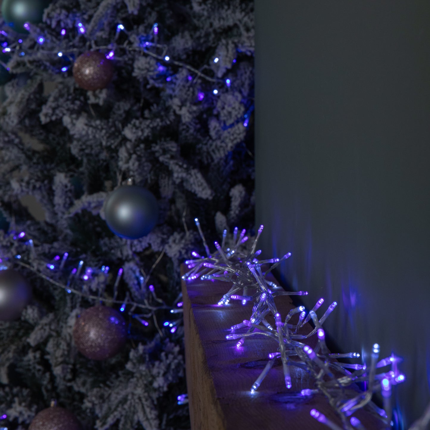 9.3m 720 LED Christmas Cluster String Lights with Timer in Blue, Purple & White on Clear Cable