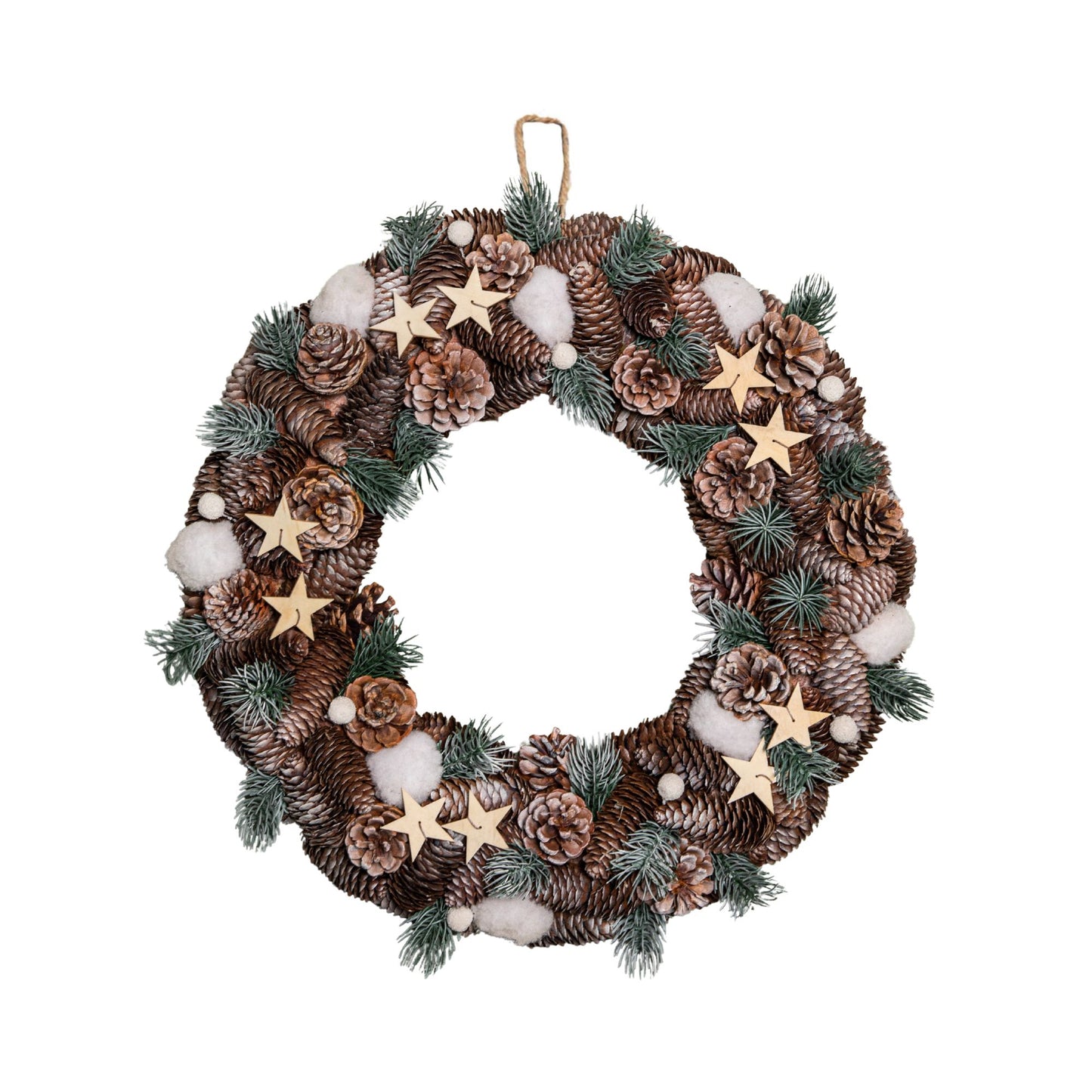 50cm Frosted Hanging Christmas Wreath with Pine Cones & Wooden Stars