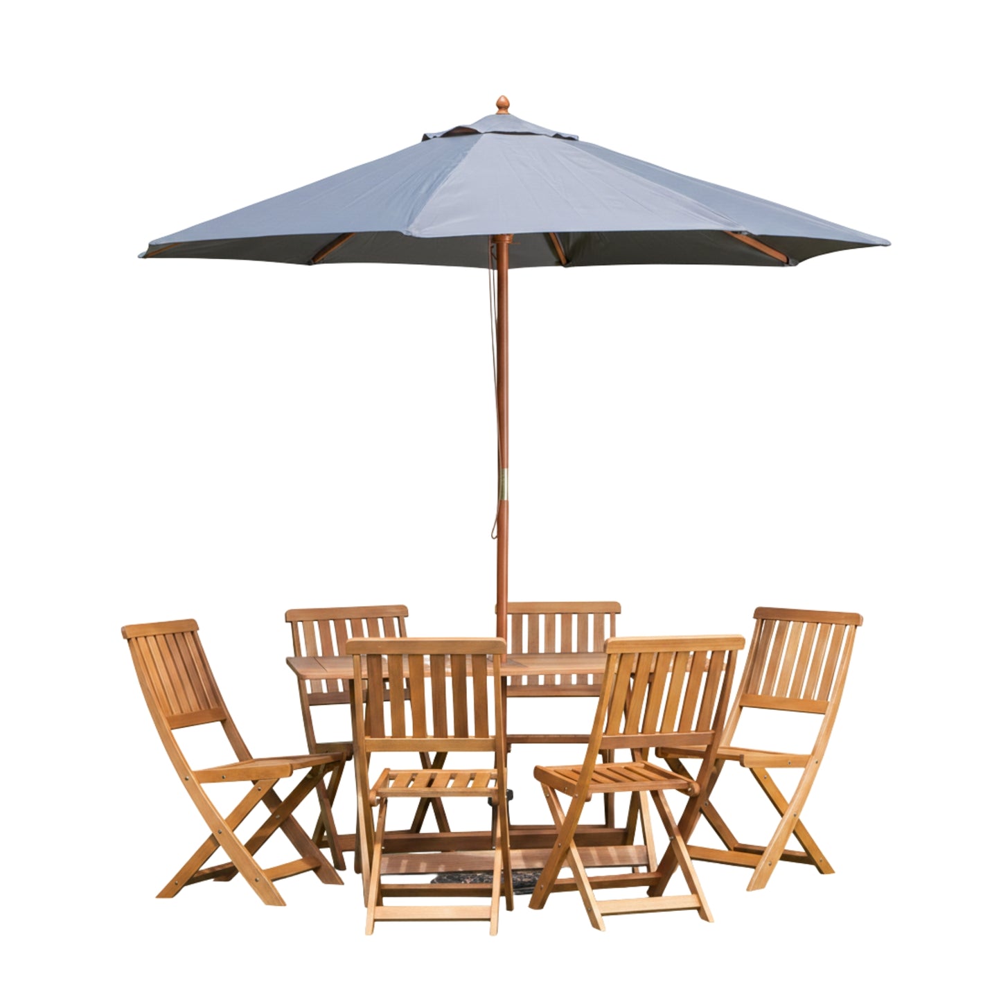 Outdoor 6 Person Folding Rectangular Wooden Garden Dining Table Chairs Grey Parasol and Base set