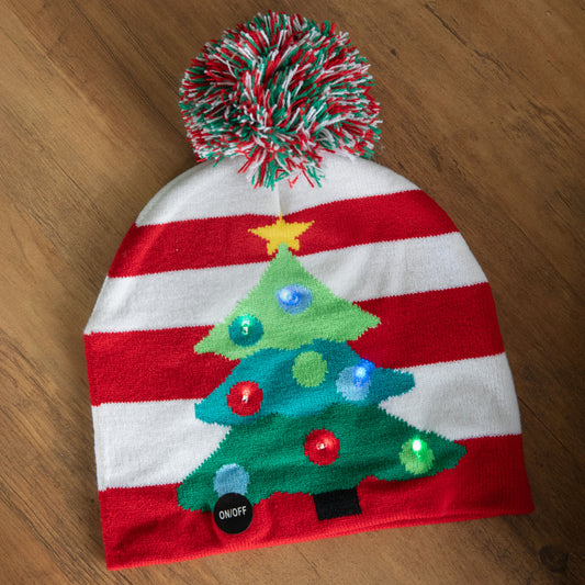 Light up Flashing Party Beanie Festive Hat with Christmas Tree & Multi-Coloured LEDs