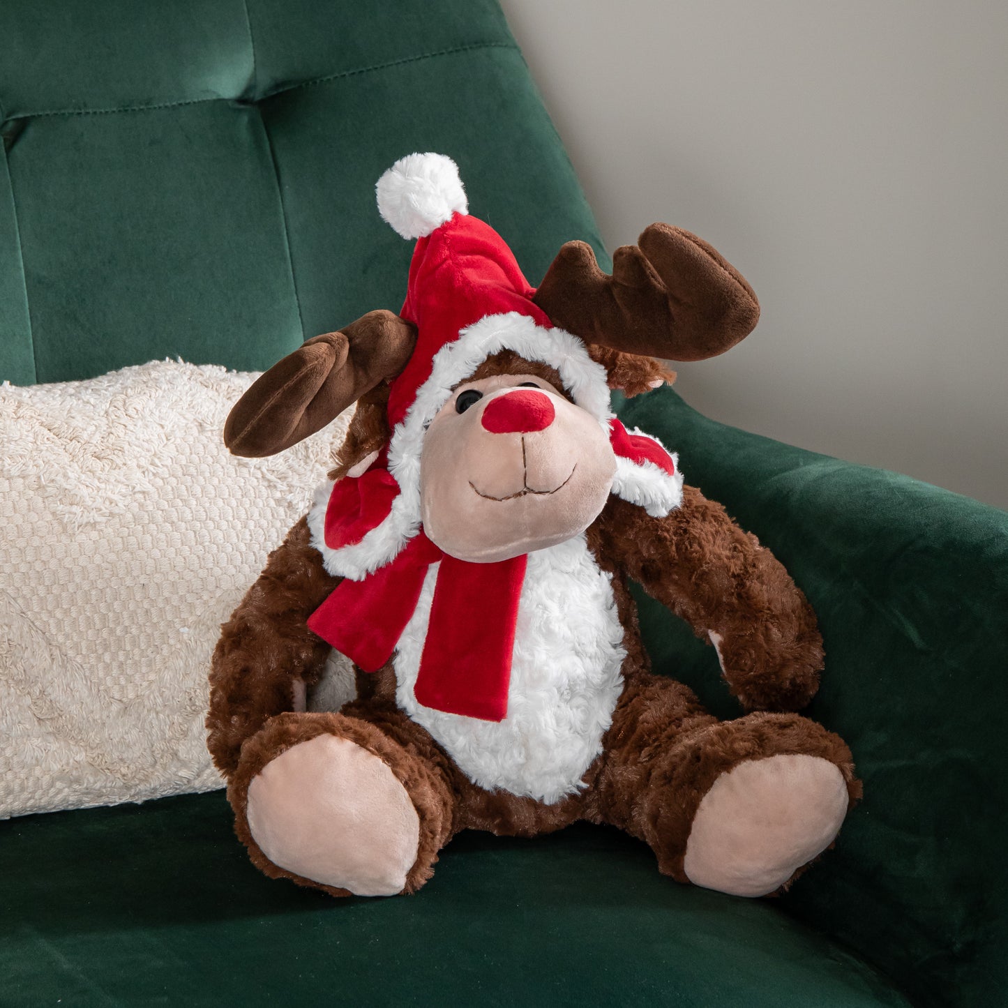 30cm Sitting Plush Christmas Reindeer with Red Hat & Scarf