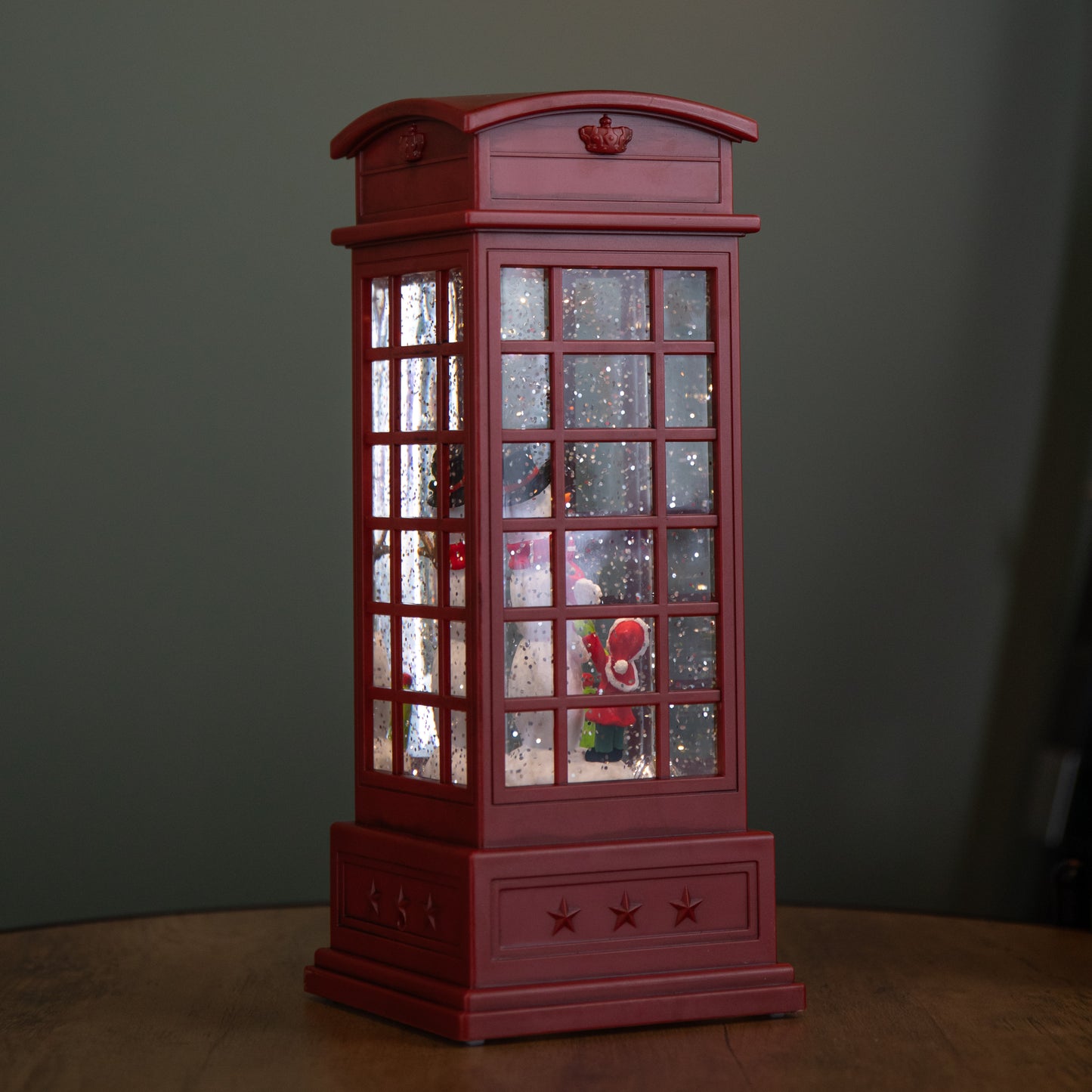 25cm Battery Operated Light up Christmas Phone Box Water Spinner with Snowman Scene & LEDs