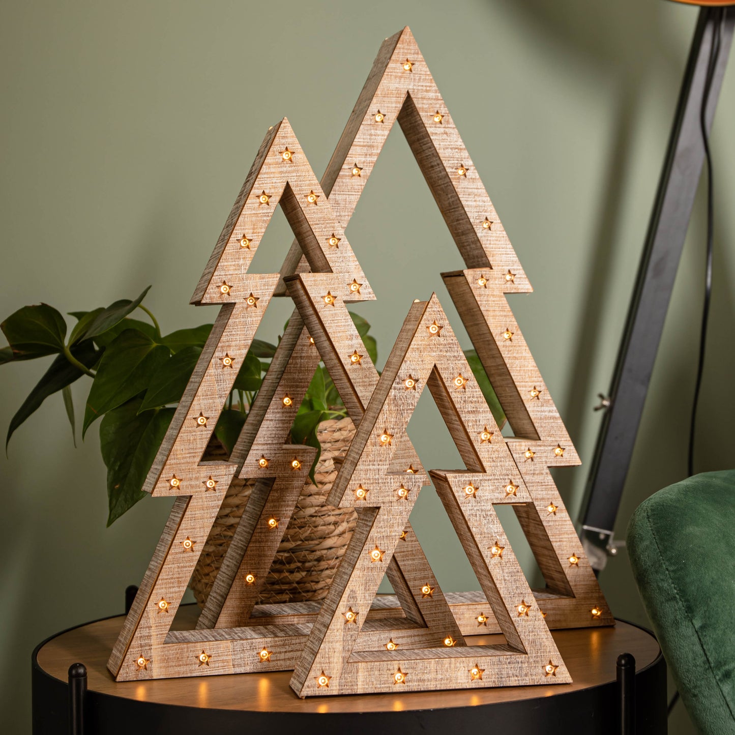 Set of 3 Battery Operated Light up Wooden Christmas Trees with Warm White LEDs