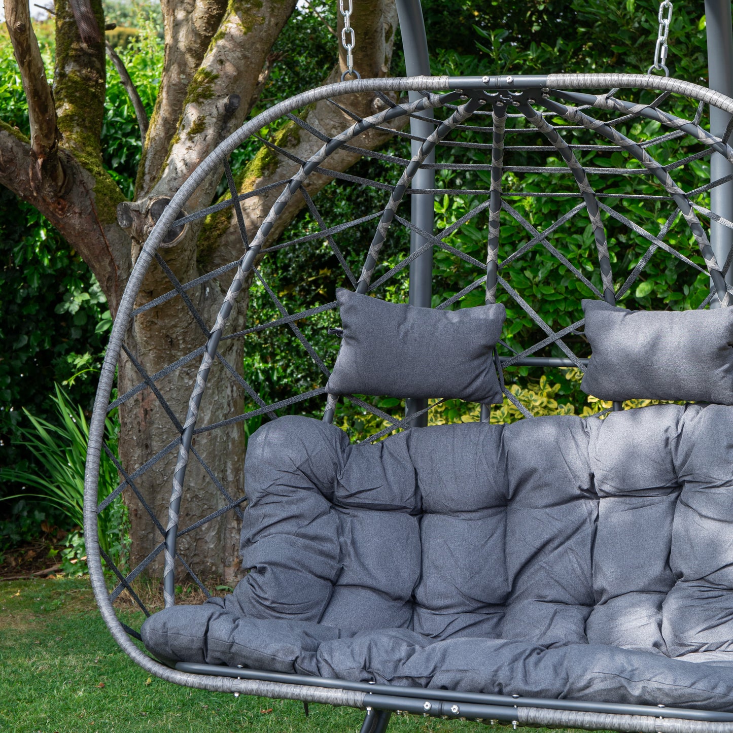Samuel Alexander 2 Seater Hanging Garden Rattan Egg Chair with Steel Frame and Waterproof Cover in Grey