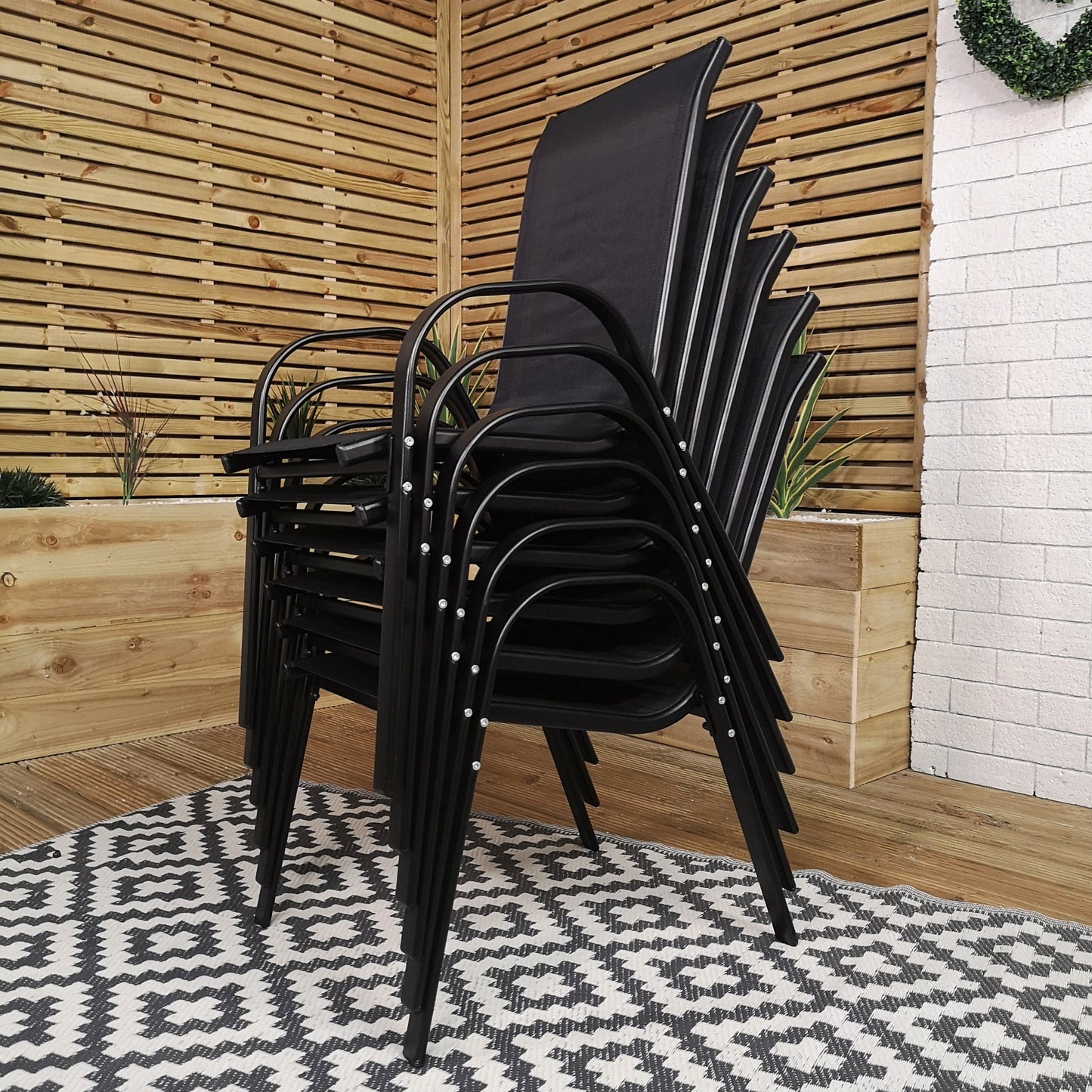 Outdoor 6 Person Rectangular Glass Top Garden Dining Table Chairs With Black Parasol and Base Set