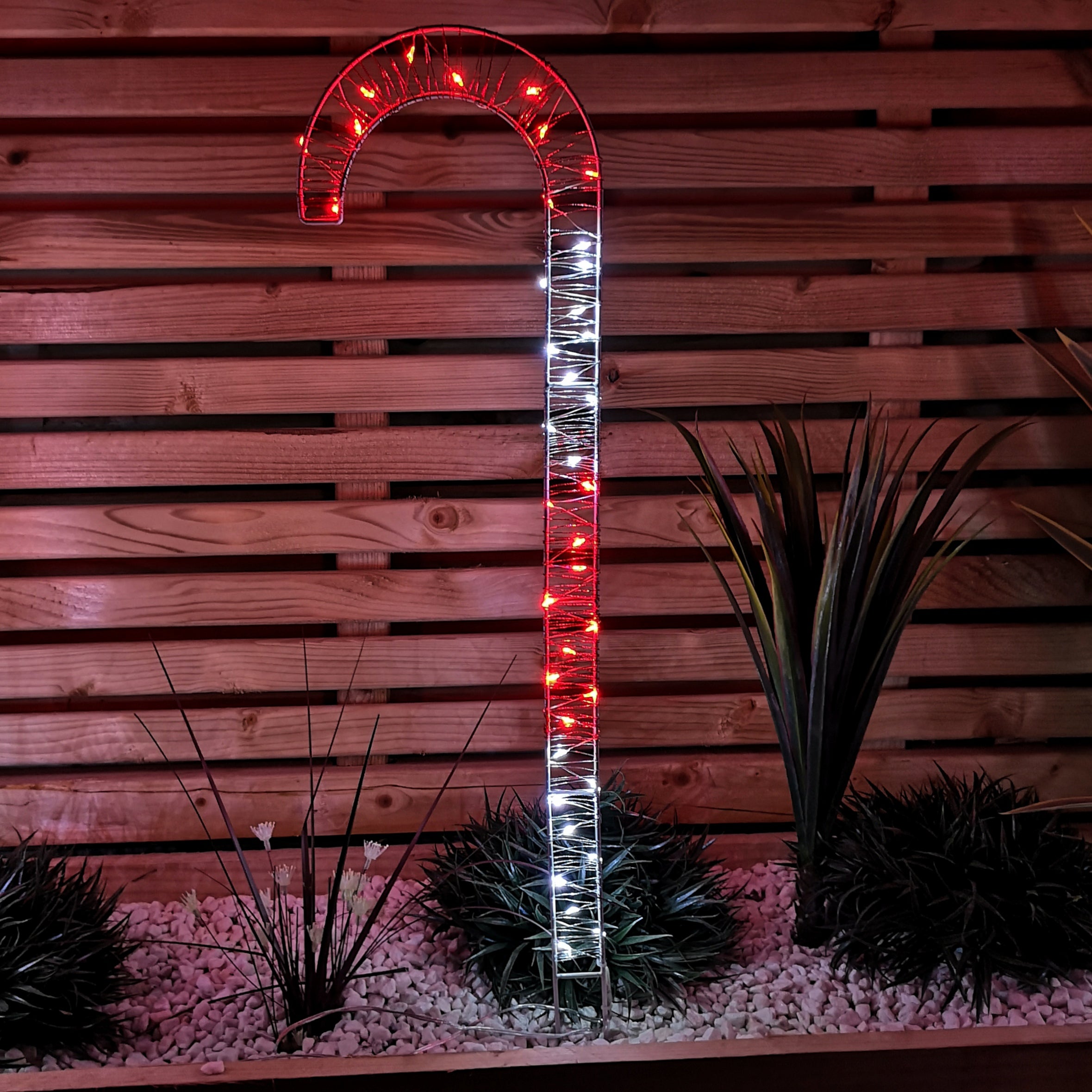 Set of 4 68cm Red & White Stripe Christmas Candy Cane Garden Stakes with LEDs