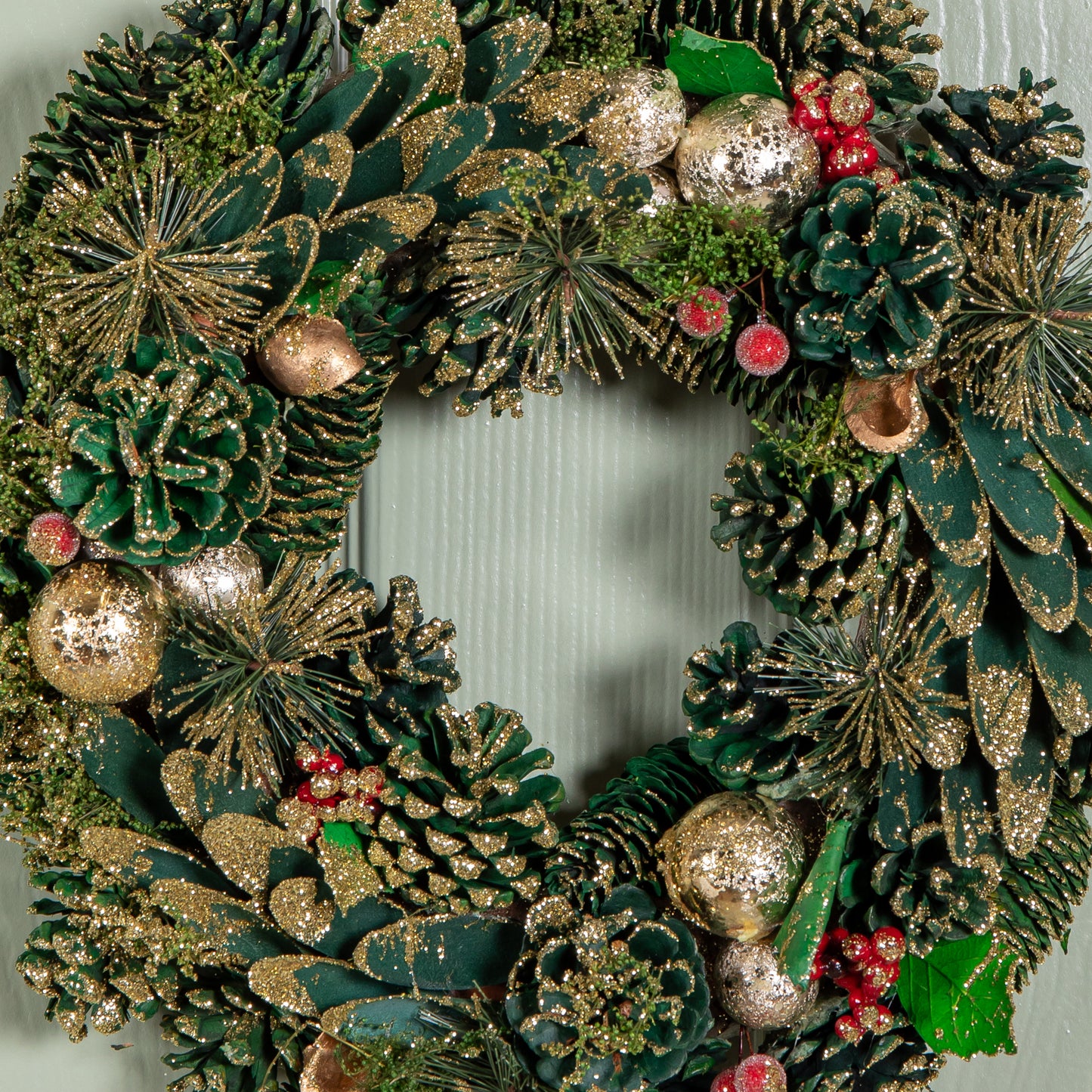 36cm Bauble and Pinecone Hanging Christmas Wreath with Red Berries