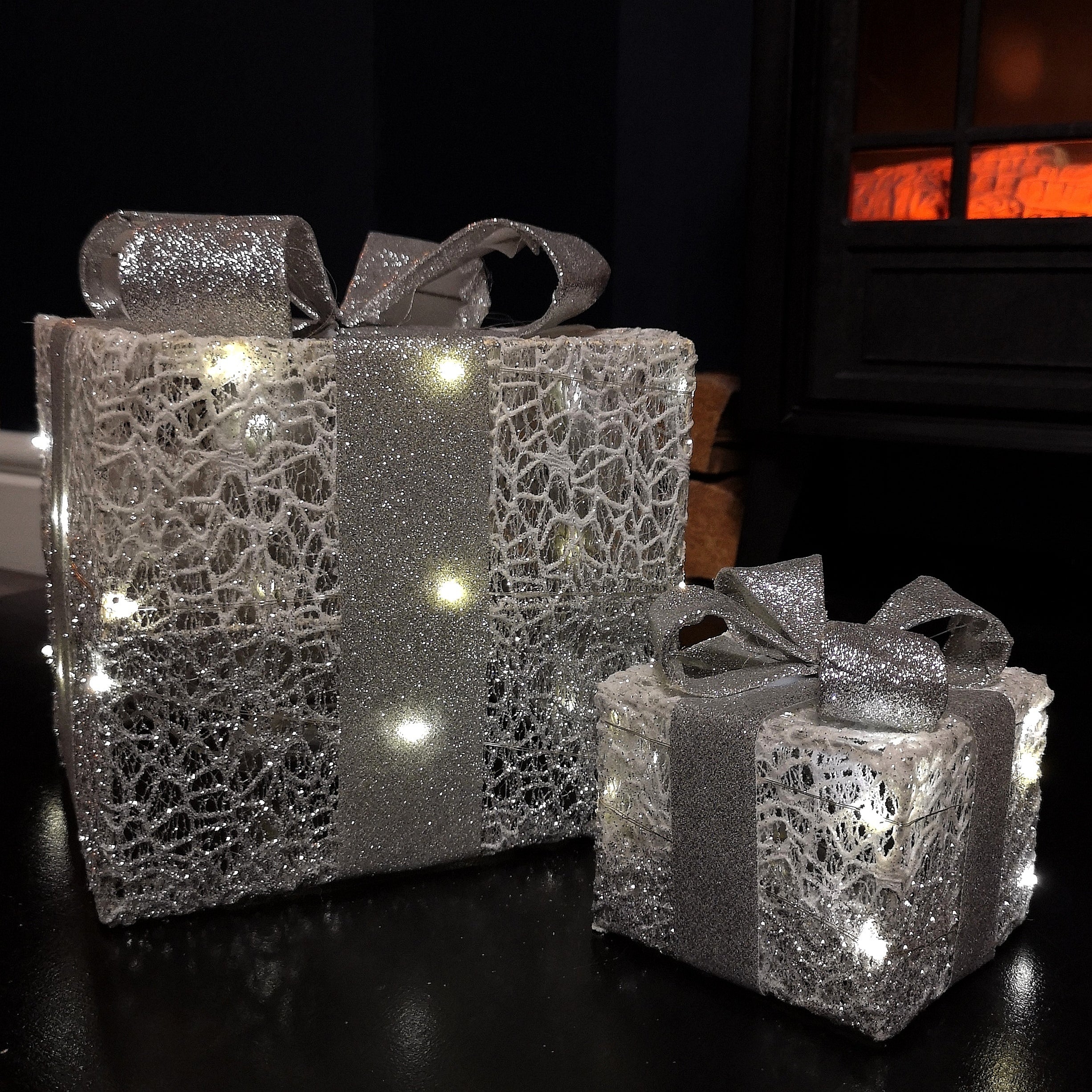 Set of 3 Battery Operated Silver Sparkly Christmas Gift Boxes with LEDs