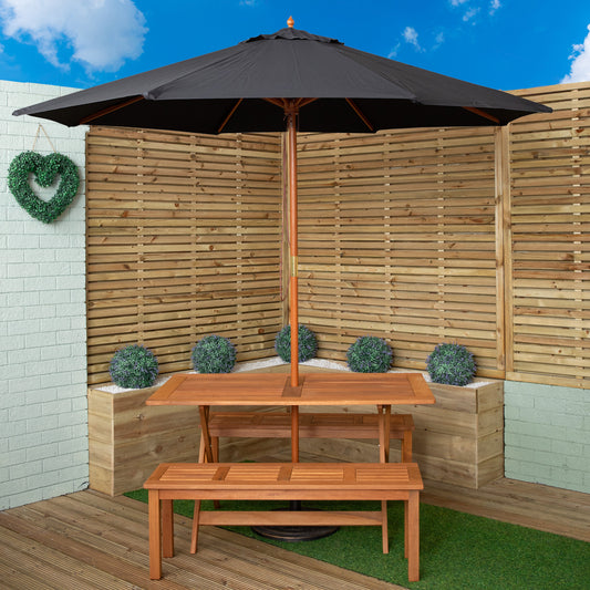 Outdoor 4 Person Rectangular Wooden Garden Dining Table, 2 Benches with Black Parasol and Base Set