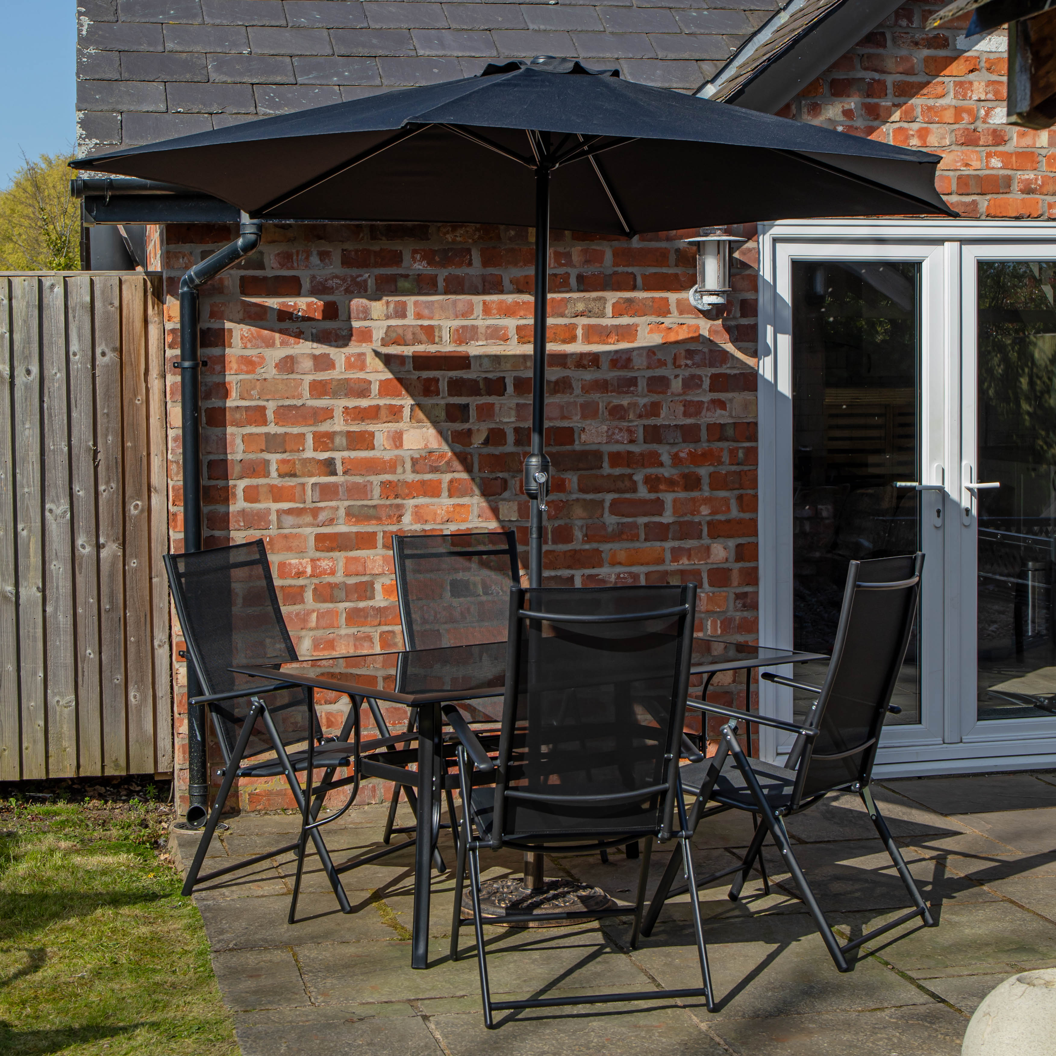 Outdoor 4 Person Rectangular Glass Top Garden Dining Table Chairs With Black Parasol and Base Set