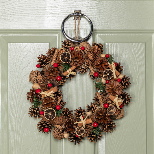 36cm Winter Spice Hanging Christmas Wreath with Pine Cones Red Berries & Dried Fruit