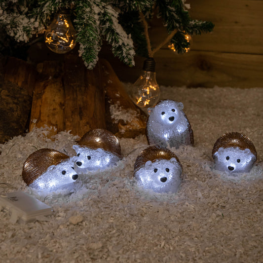 Factory Seconds: Set of 5 Battery Operated Brown Acrylic Christmas Hedgehogs with Cool White LEDs