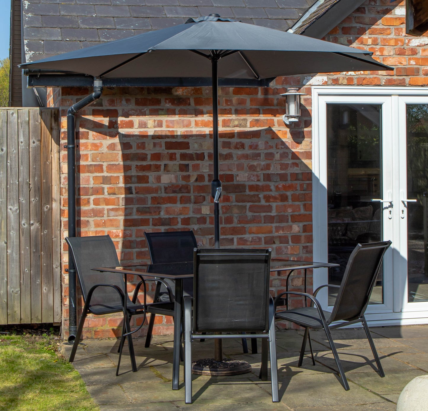 Outdoor 4 Person Rectangular Glass Top Garden Dining Table Chairs With Grey Parasol and Base Set