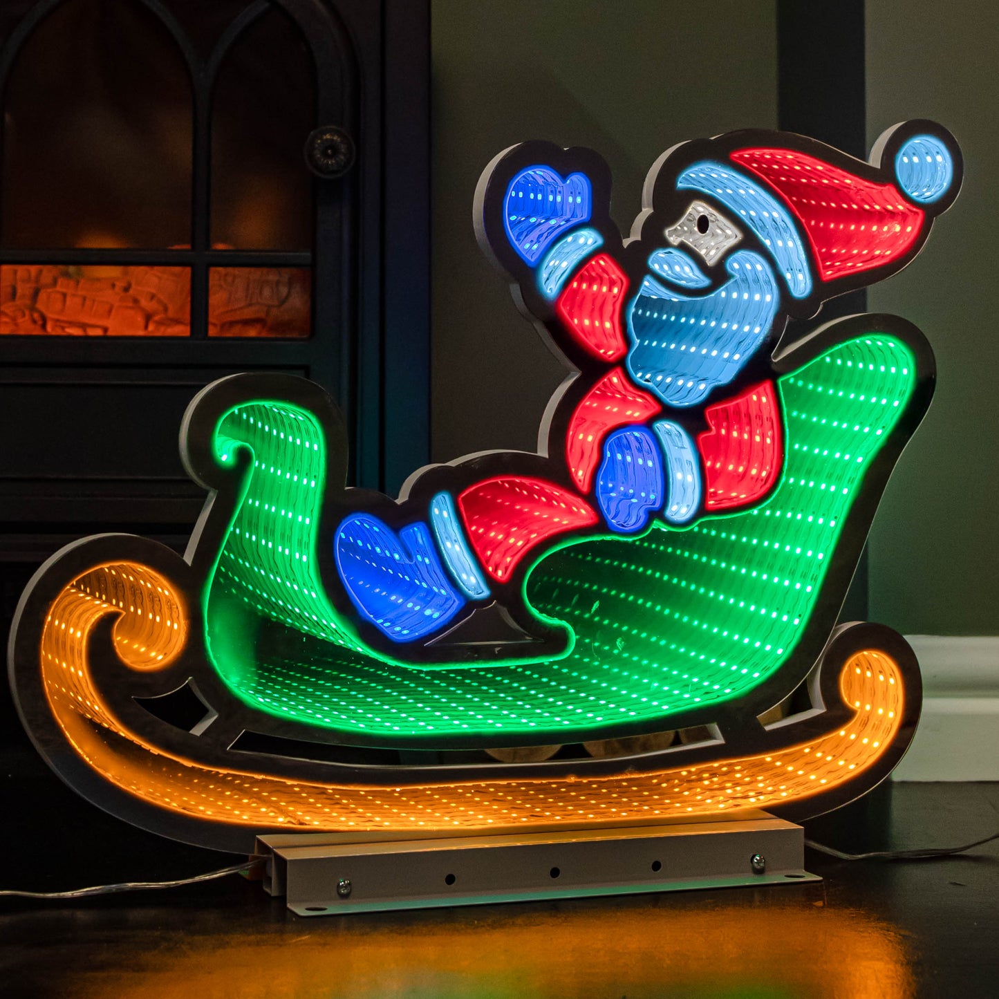 75cm Infinity Santa in Sleigh with Reindeer on Metal Base and Multi-Coloured LEDs