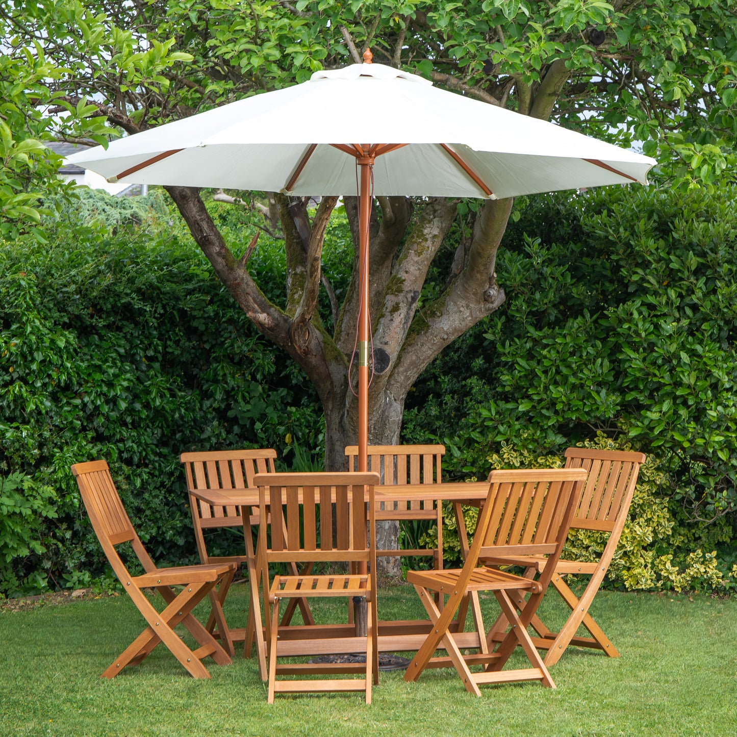 Outdoor 6 Person Folding Rectangular Wooden Garden Dining Table Chairs Cream Parasol and Base set