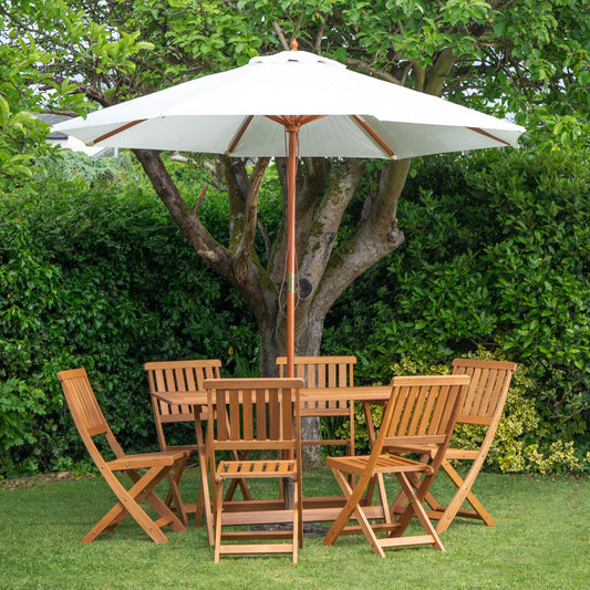 Outdoor 6 Person Folding Rectangular Wooden Garden Dining Table Chairs Cream Parasol and Base set