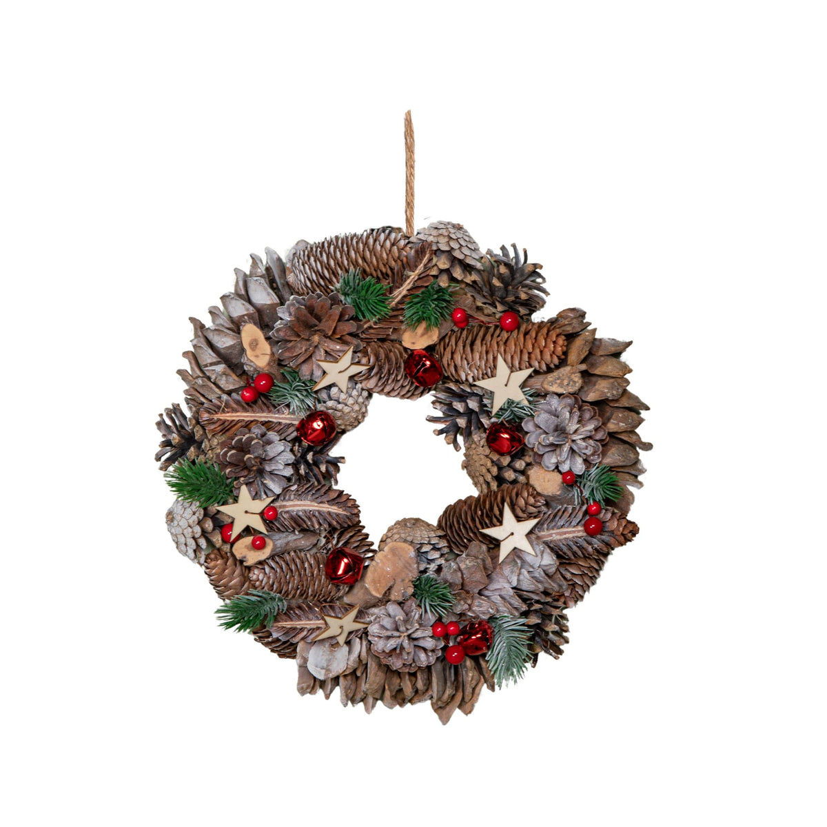 30cm Hanging Christmas Wreath with Red Jingle Bells, Berries and Frosted Stars
