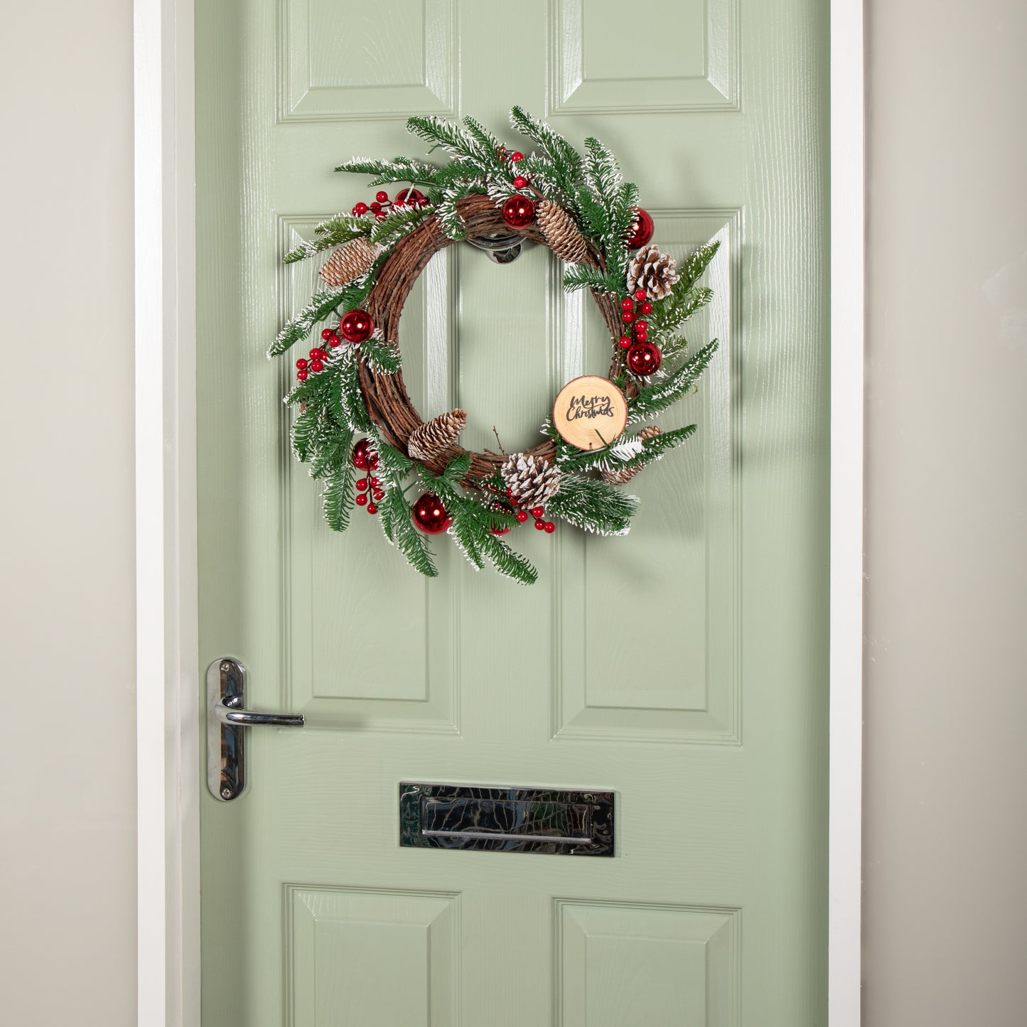 50cm Christmas Pinecone Wreath with Red Berries and Baubles