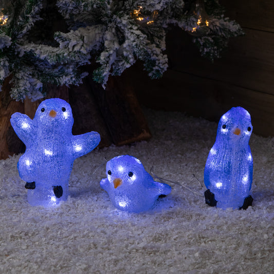 23cm Set of 3 Acrylic Ice White LED Penguins Indoor Outdoor Christmas Decoration