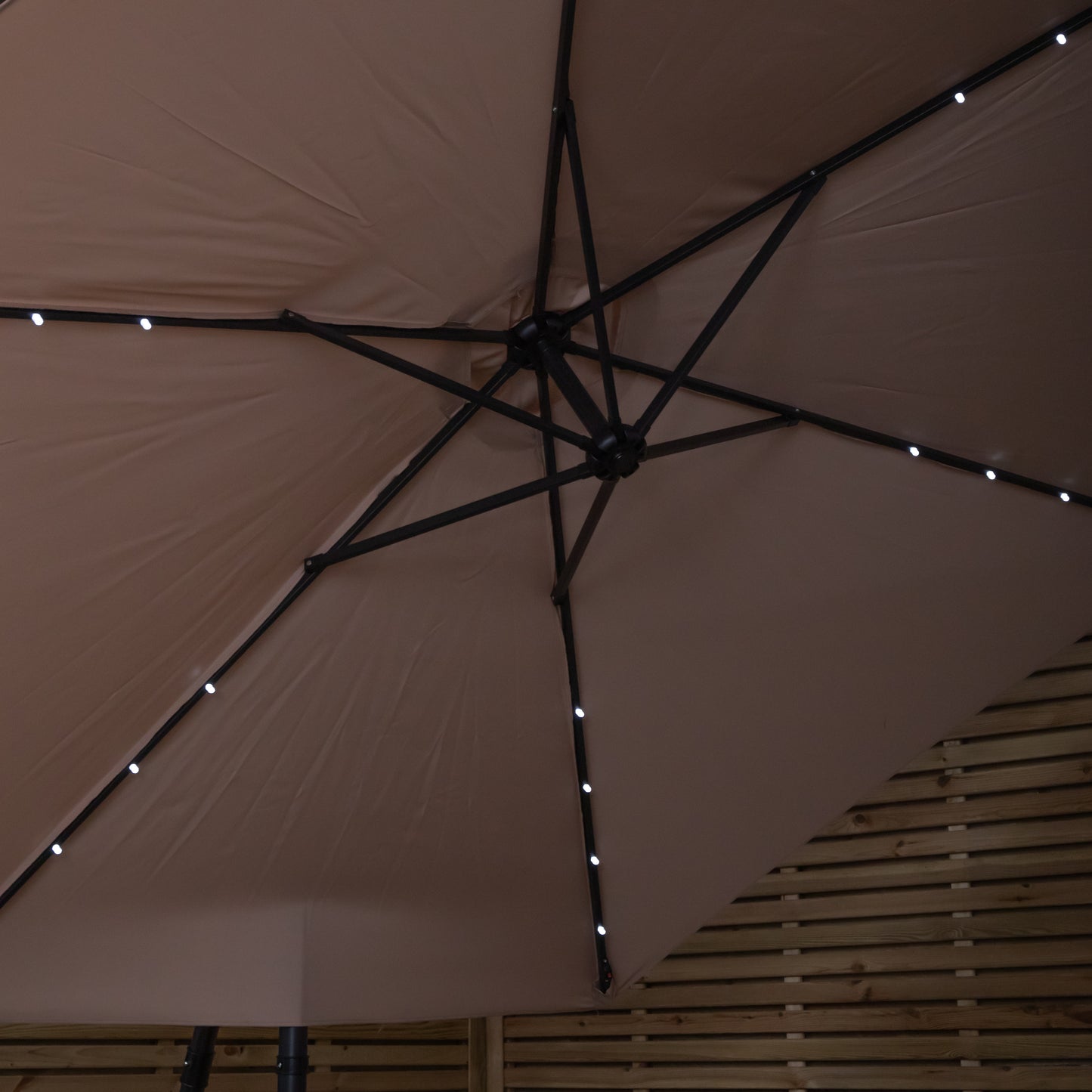 3m Solar Powered Lit Banana Cantilever Garden Parasol with LEDs & Base Weights Included in Beige