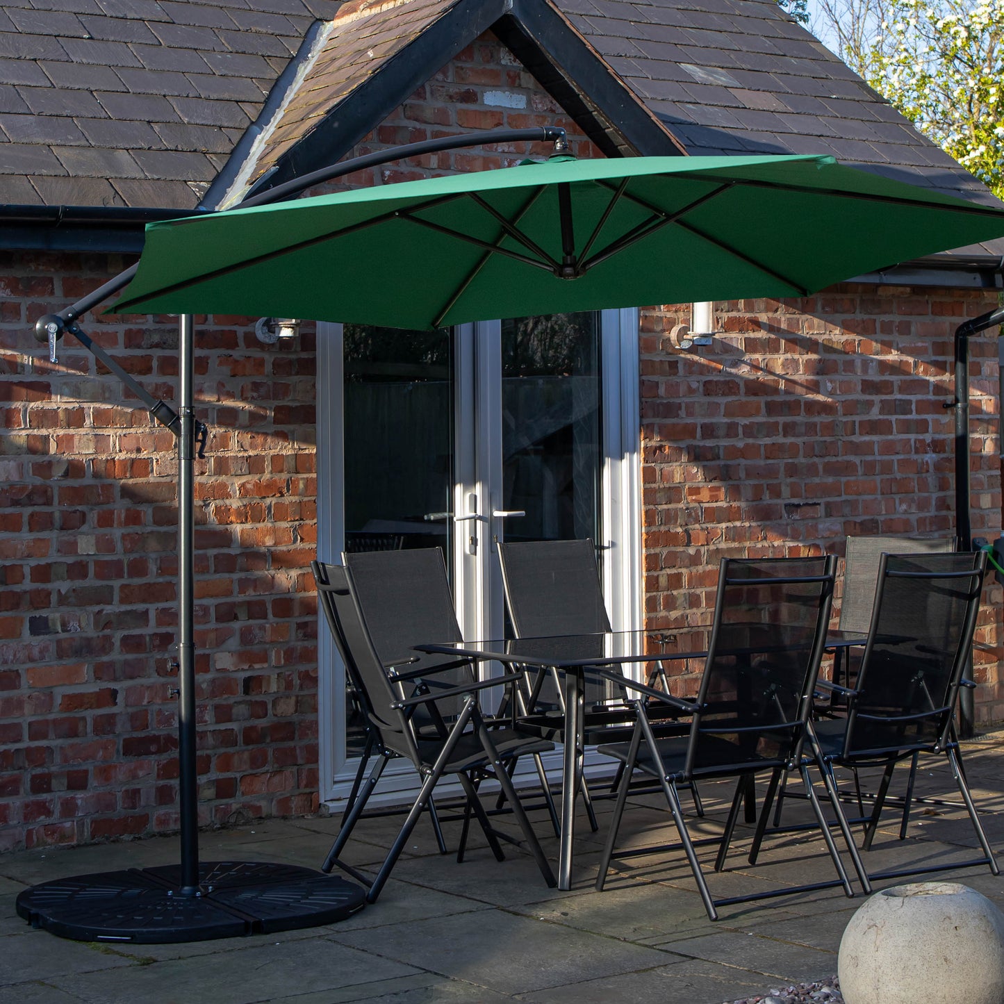 Outdoor 6 Person Rectangular Glass Top Garden Dining Table Chairs With Green Banana Parasol and Base Set