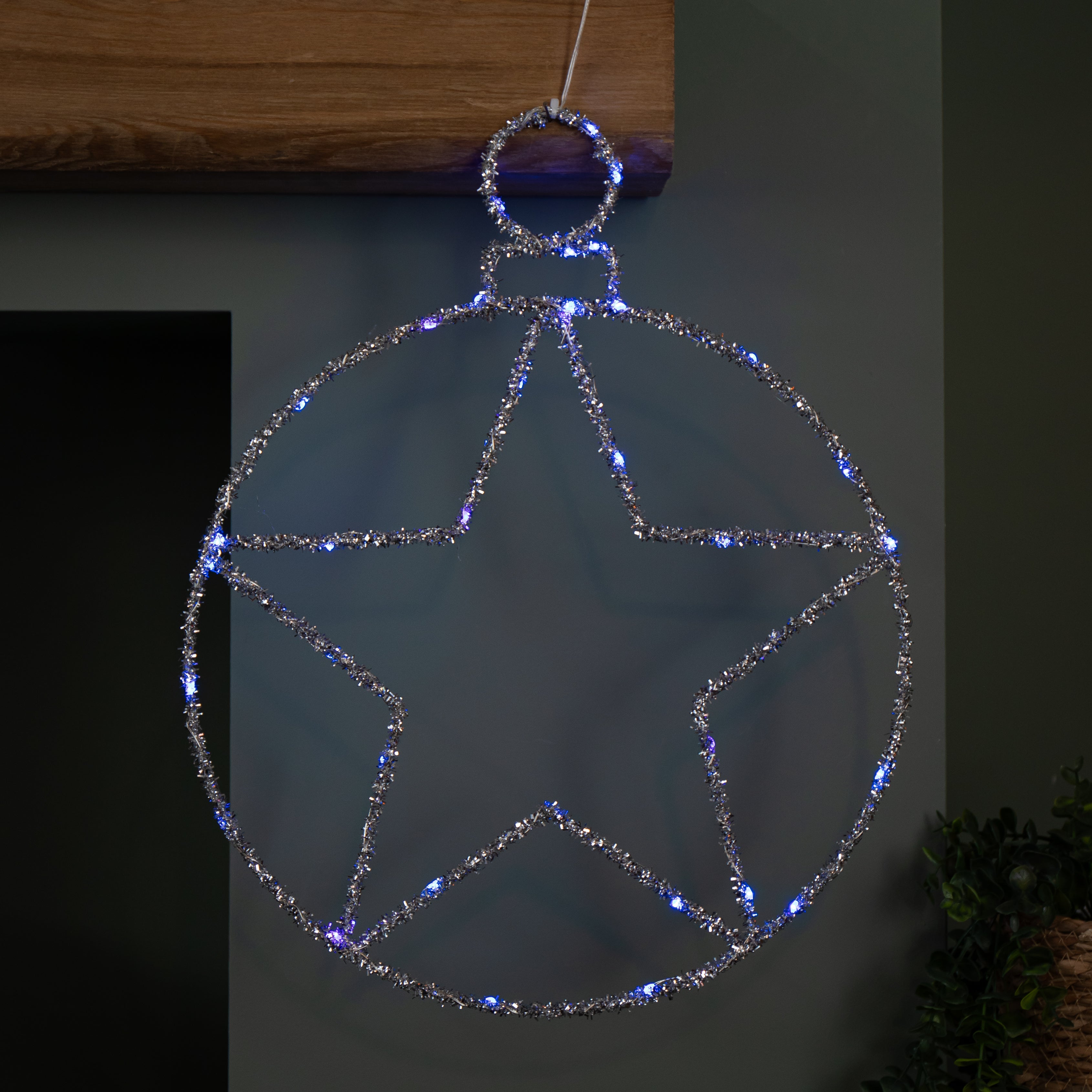 49cm Battery Powered Light up Christmas Silver Star Ball with Twinkling Blue LEDs