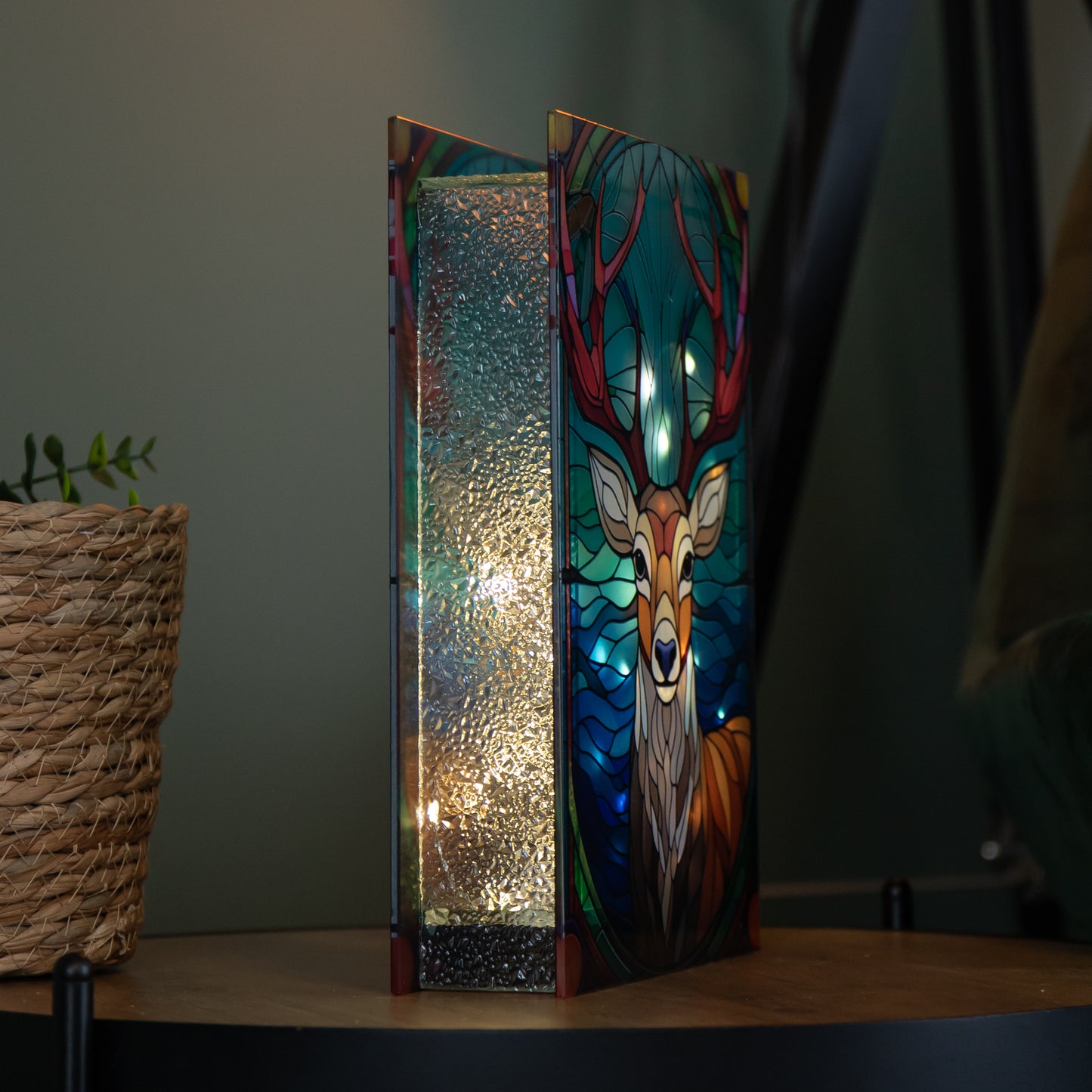 28cm Battery Powered Glass Christmas Decoration with Stag & Warm White LEDs