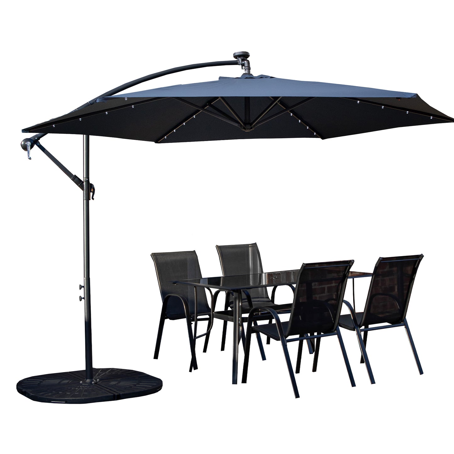 Outdoor 4 Person Rectangular Glass Top Garden Dining Table Chairs With Blue Banana Lit Parasol and Base