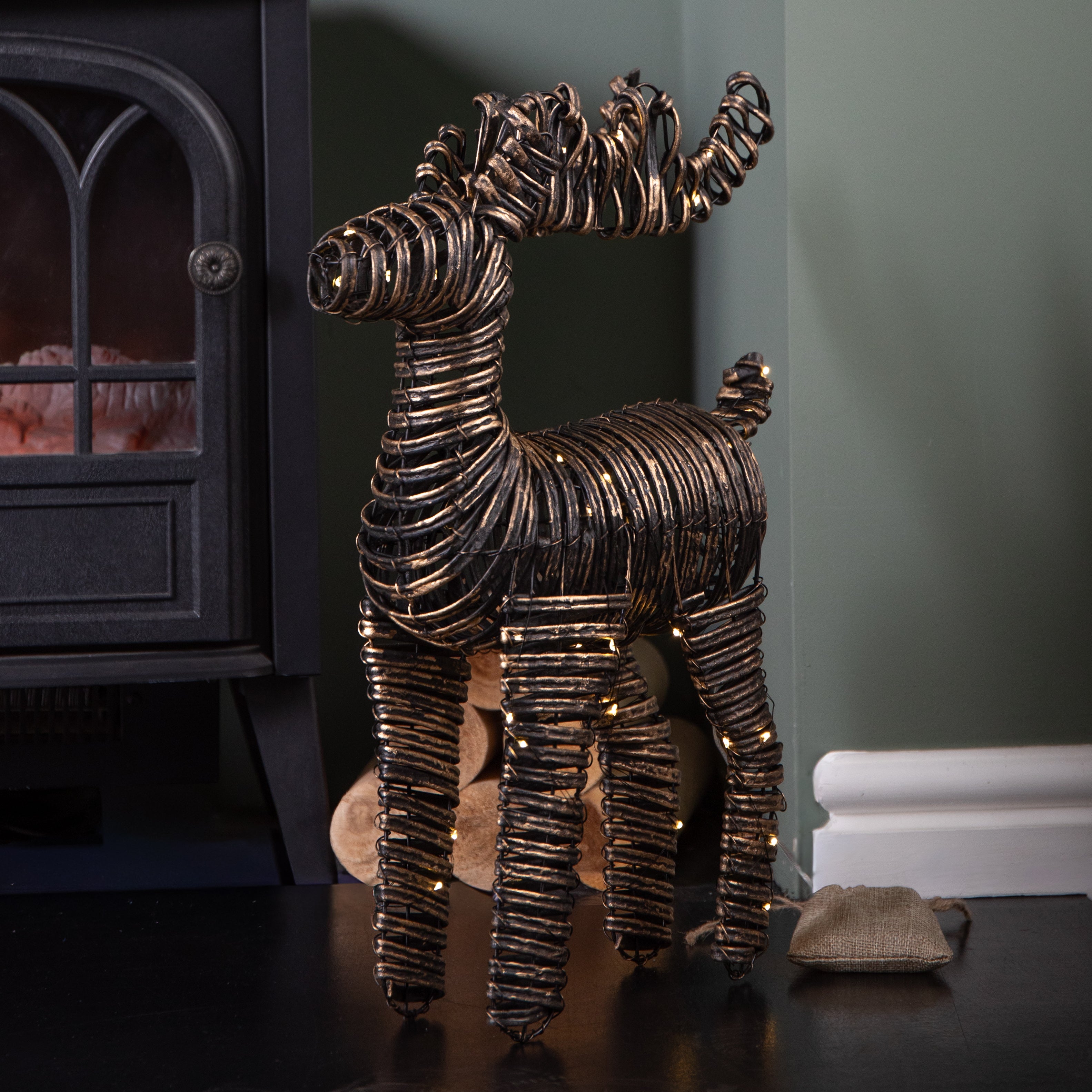 50cm Battery Operated Light up Black & Gold Braid Christmas Reindeer with Warm White LEDs