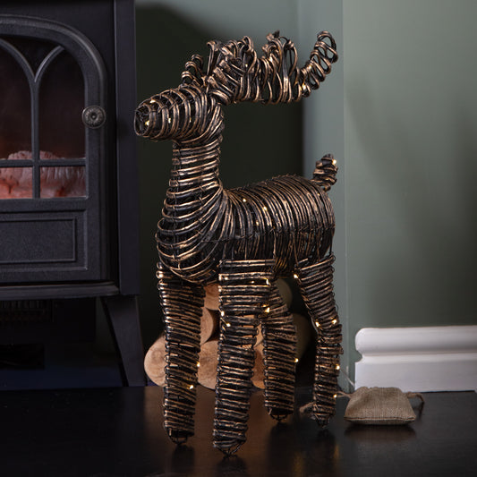 50cm Battery Operated Light up Black & Gold Braid Christmas Reindeer with Warm White LEDs