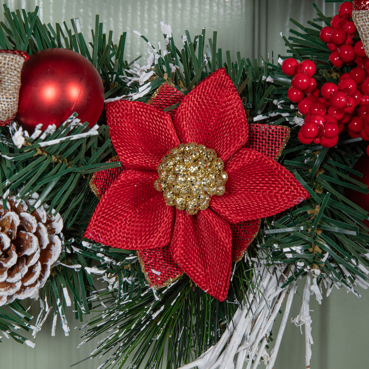 40cm Christmas Wreath with Snow Tipped Branches, Red Berries, Baubles and Bows