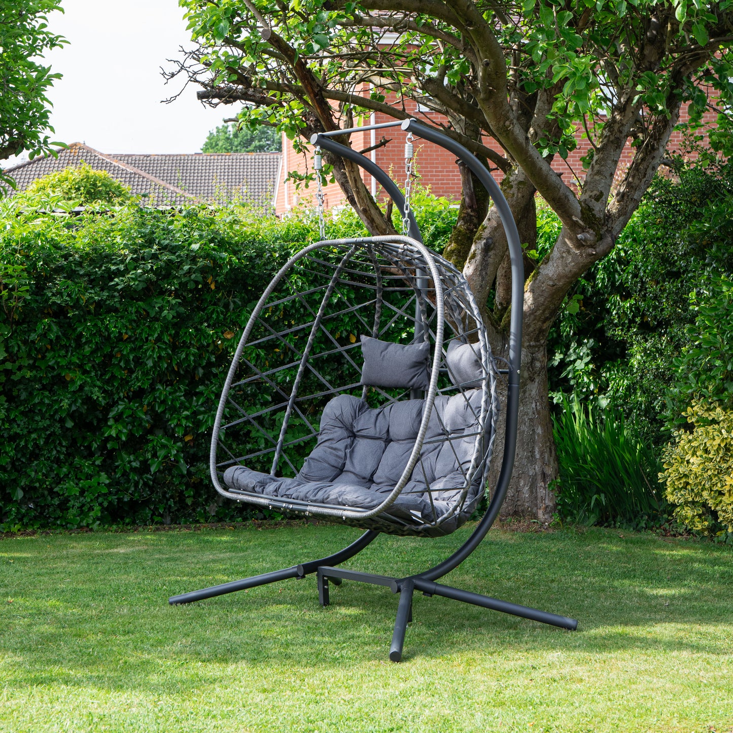 Samuel Alexander 2 Seater Hanging Garden Rattan Egg Chair with Steel Frame and Waterproof Cover in Grey