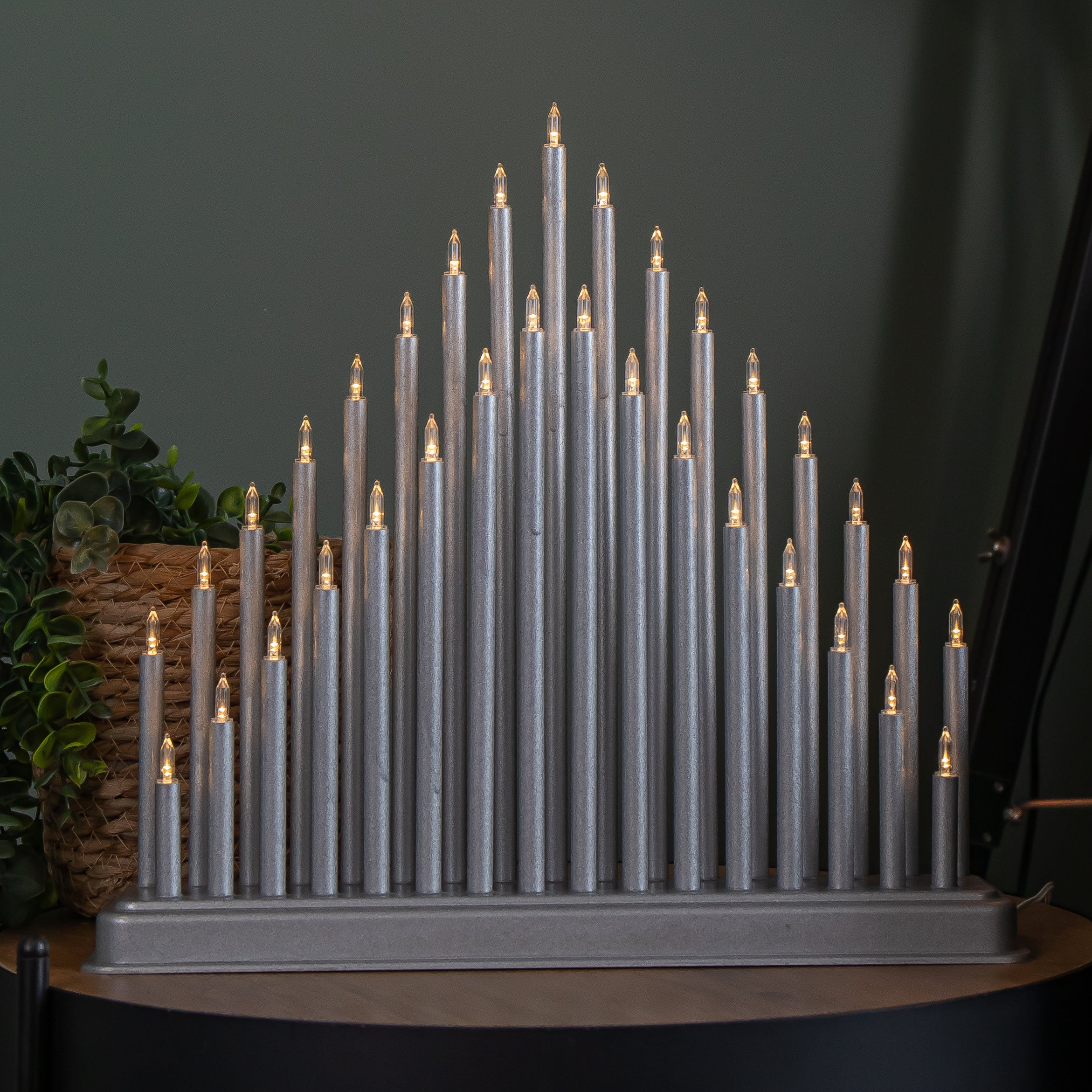 34cm Battery Operated Light up Christmas Candlebridge in Silver with Warm White LEDs