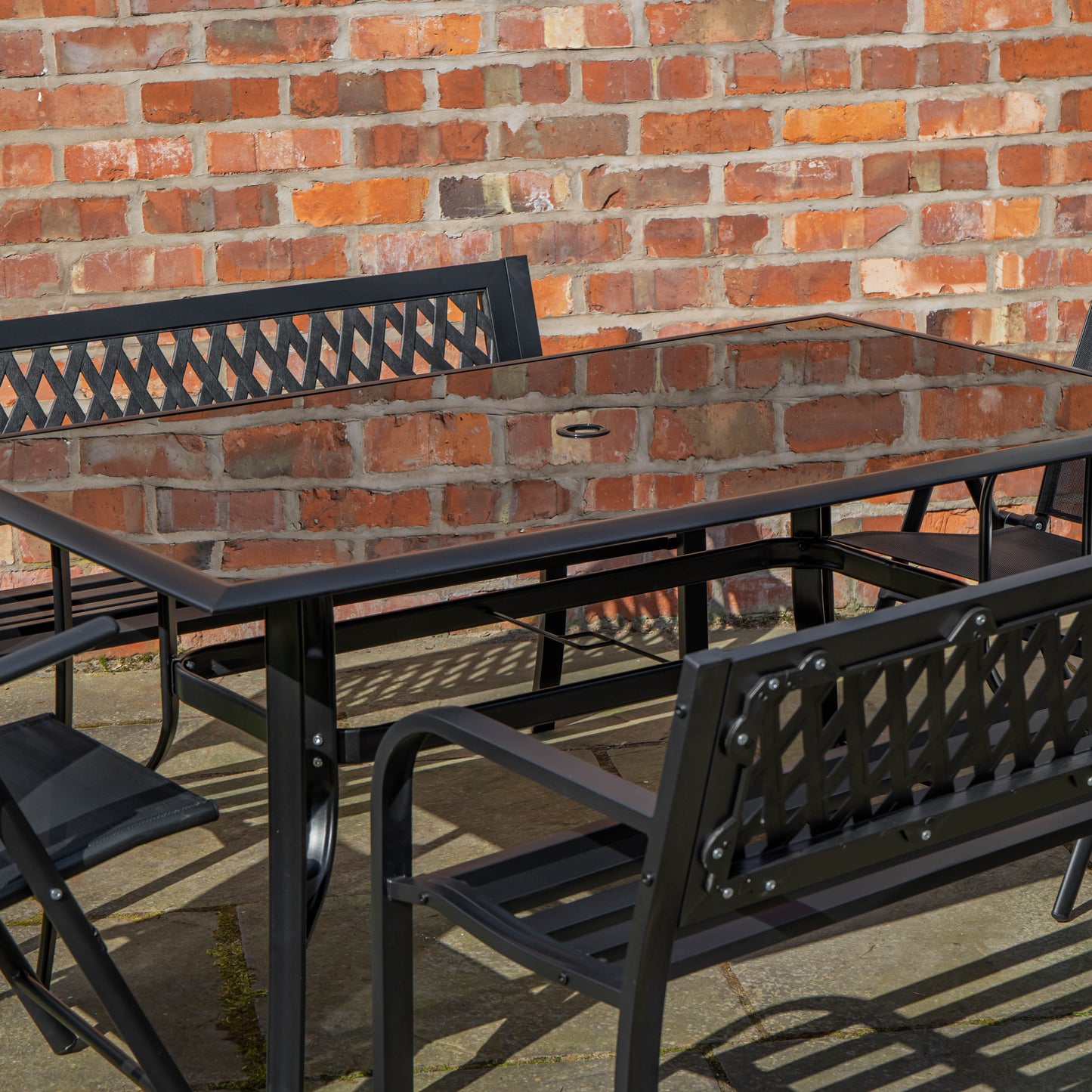 Outdoor 6 Person Rectangular Glass Top Garden Dining Table Benches & Chairs Set