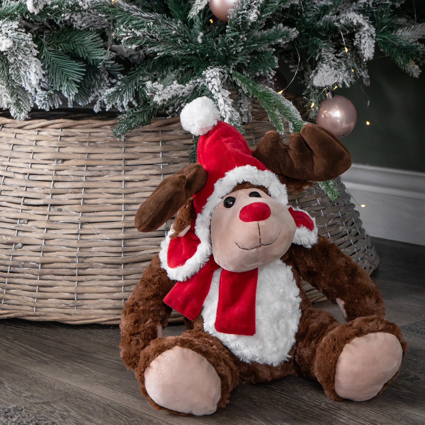 30cm Sitting Plush Christmas Reindeer with Red Hat & Scarf